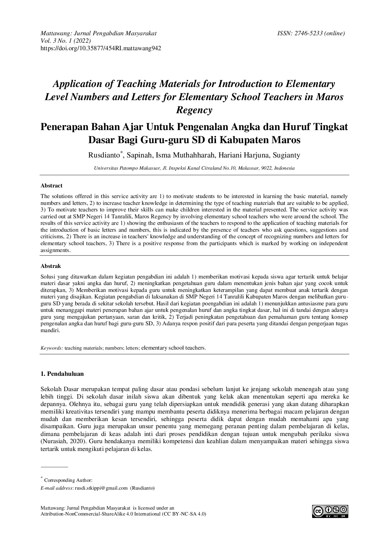 Application of Teaching Materials for Introduction to Elementary  Level Numbers and Letters for Elementary School Teachers in Maros  Regency