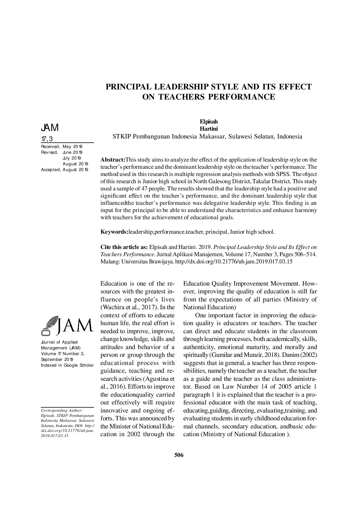 PRINCIPAL LEADERSHIP STYLE AND ITS EFFECT ON TEACHERS PERFORMANCE