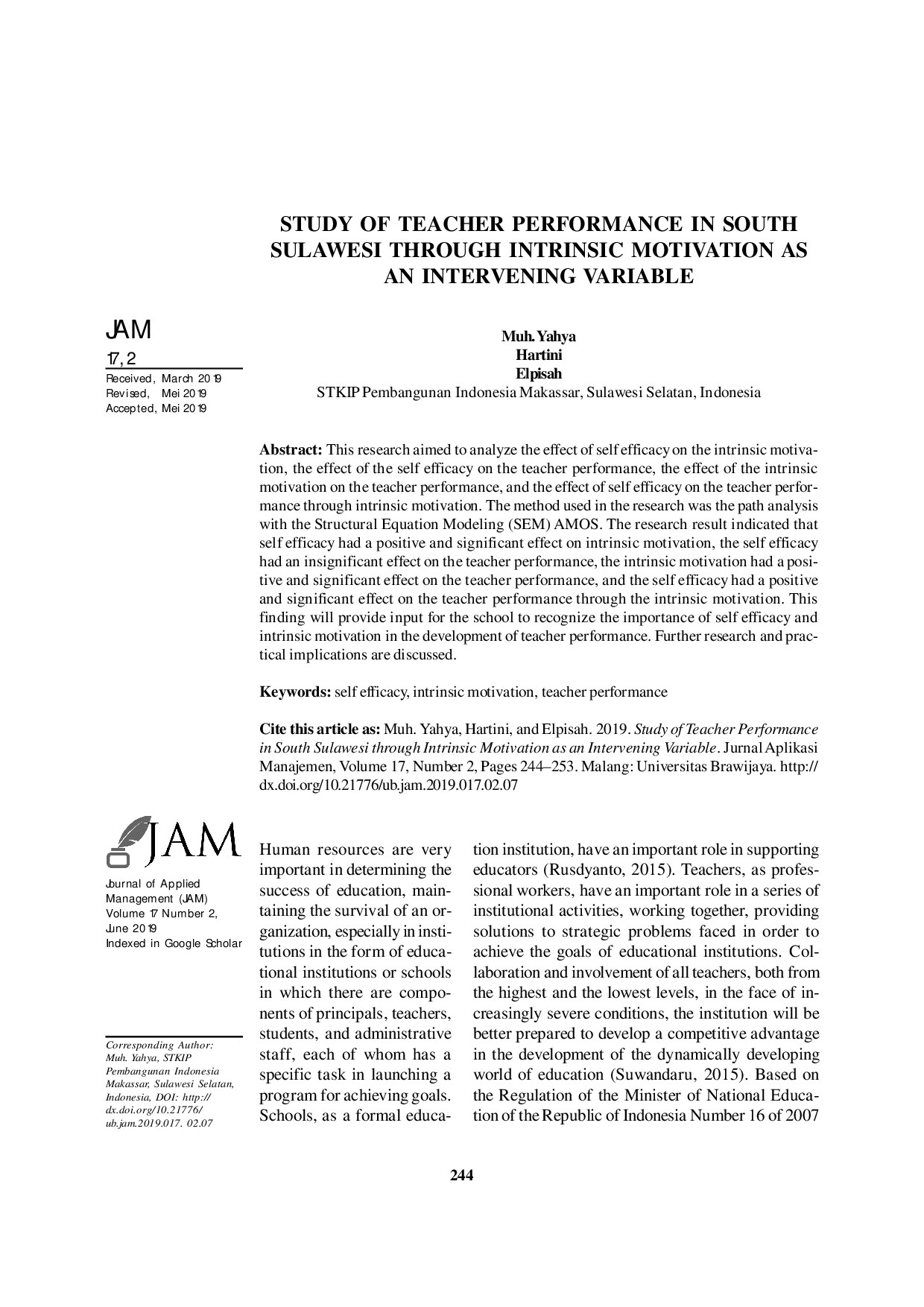 STUDY OF TEACHER PERFORMANCE IN SOUTH SULAWESI THROUGH INTRINSIC MOTIVATION AS AN INTERVENING VARIABLE