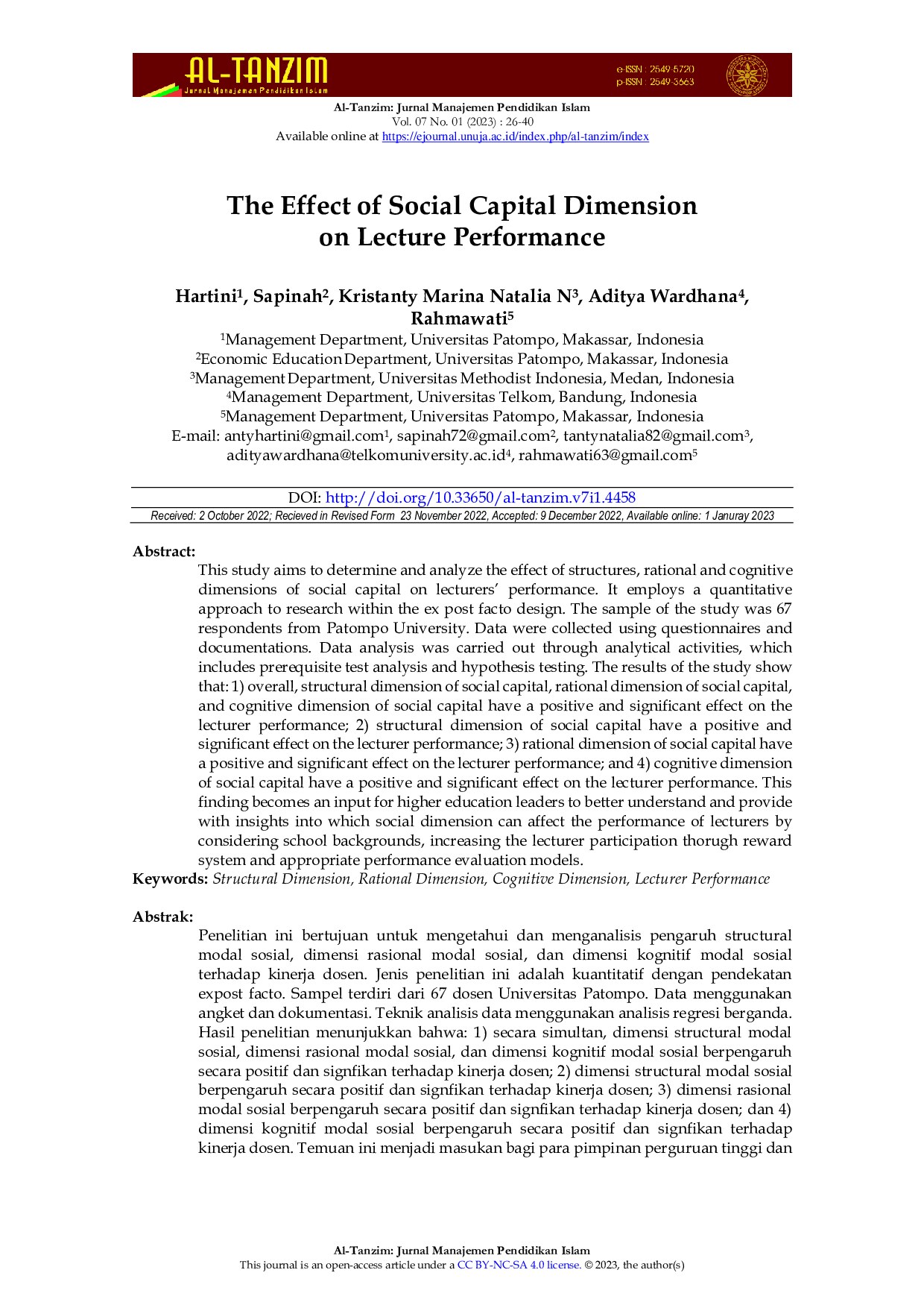 The Effect of Social Capital Dimension on Lecture Performance