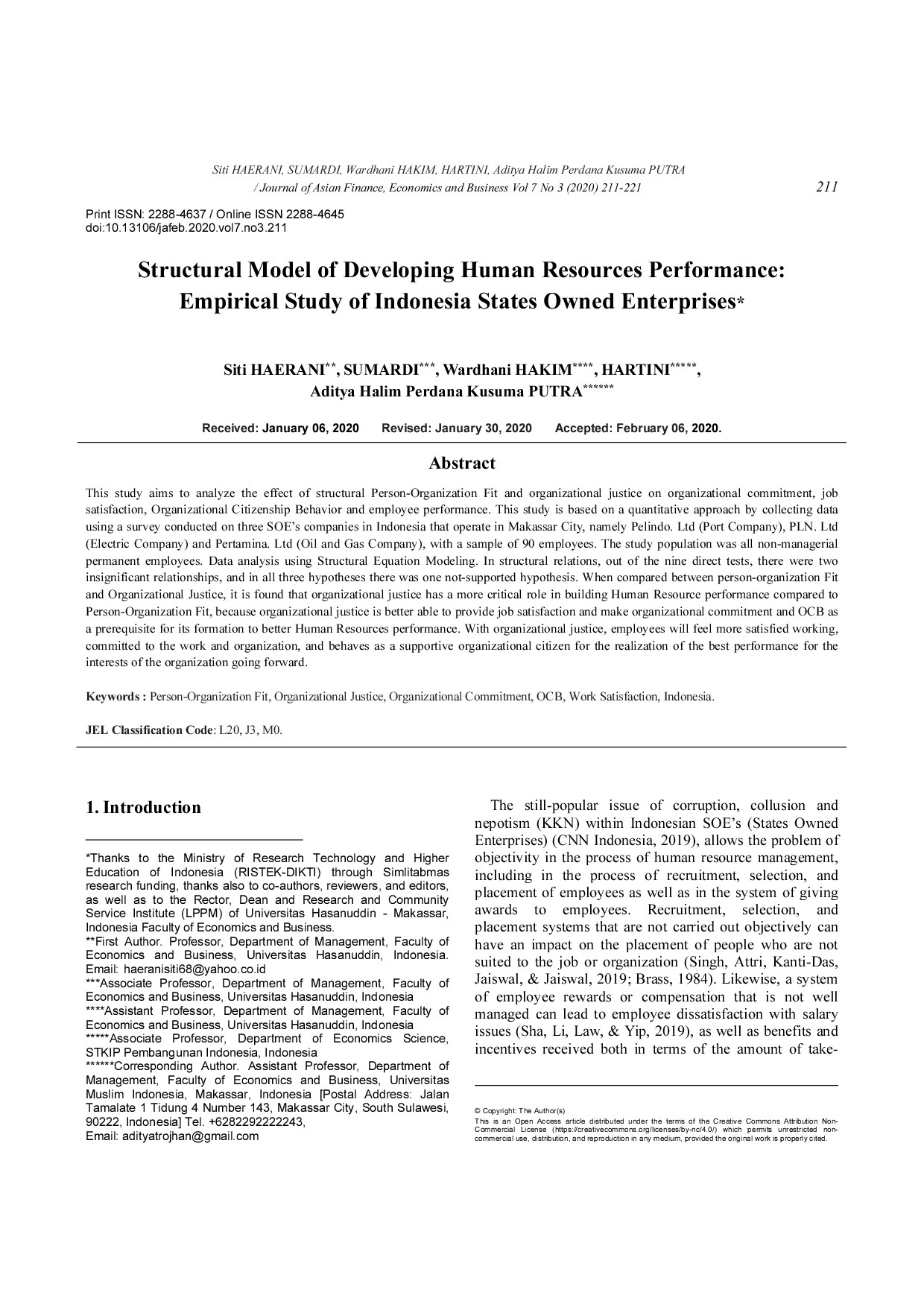 Structural Model of Developing Human Resources Performance: Empirical Study of Indonesia States Owned Enterprises