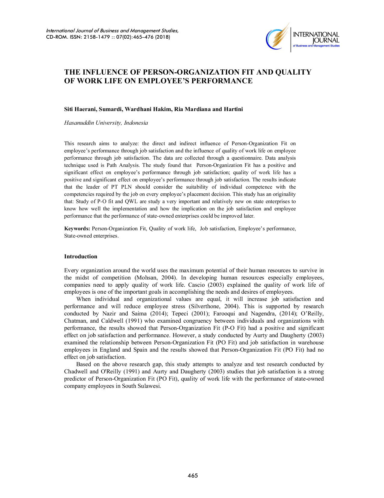 THE INFLUENCE OF PERSON-ORGANIZATION FIT AND QUALITY OF WORK LIFE ON EMPLOYEE’S PERFORMANCE