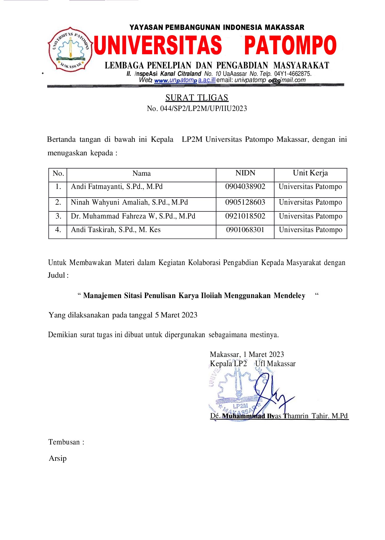 SURAT TUGAS PELATIHAN MENDELEY 5 MARET 2023