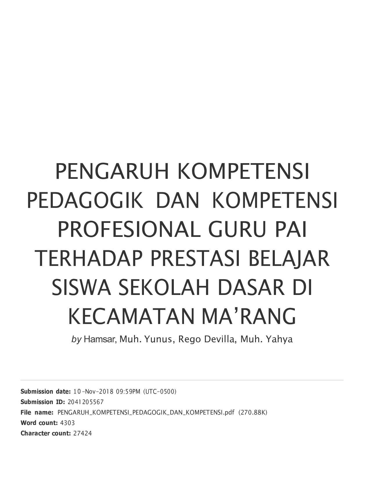 PENGARUH KOMPETENSI PEDAGOGIK DAN KOMPETENSI PROFESIONAL GURU PAI TERHADAP PRESTASI BELAJAR SISWA SEKOLAH DASAR DI KECAMATAN MA’RANG