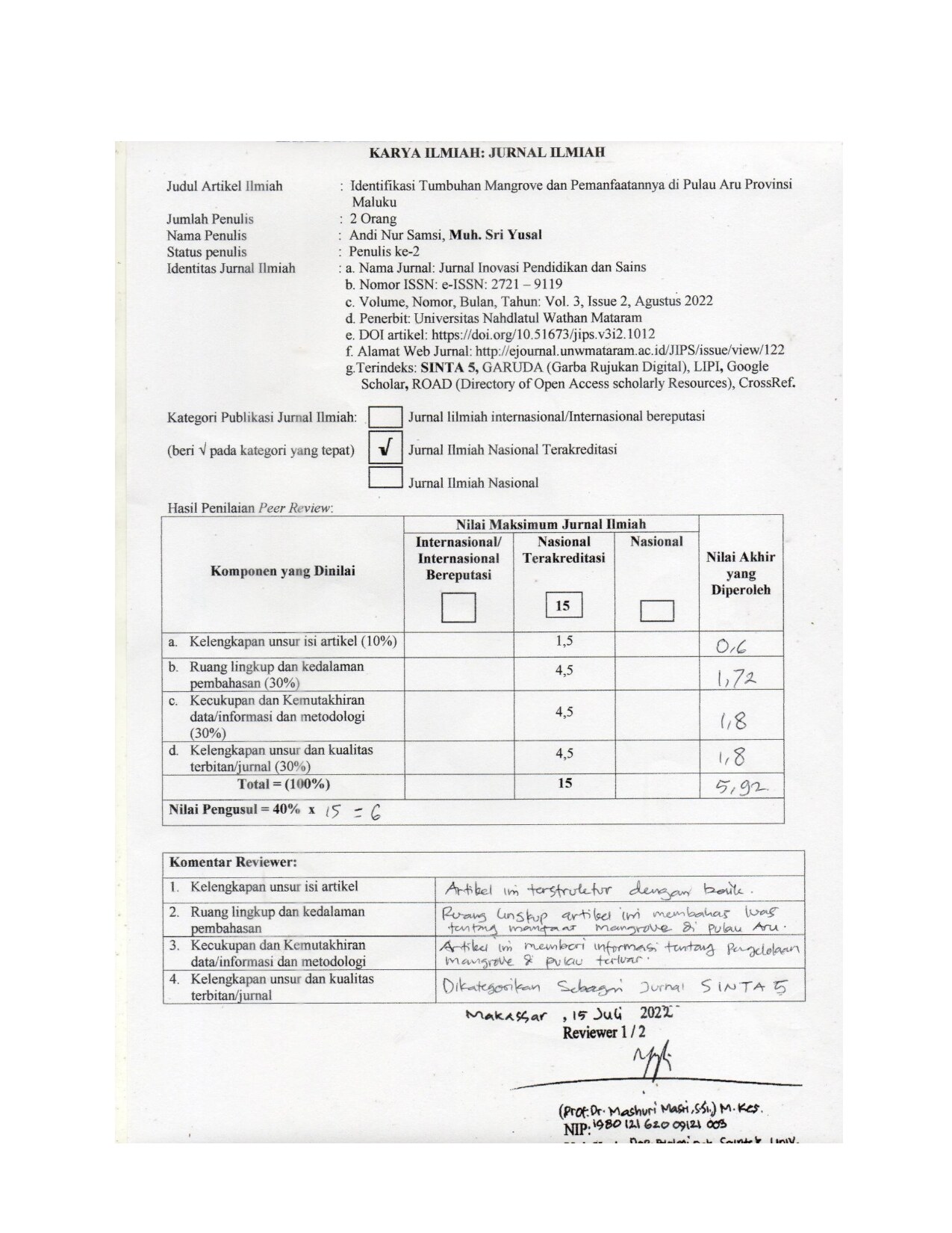 jurnal inovasi SAINS SINTA 5