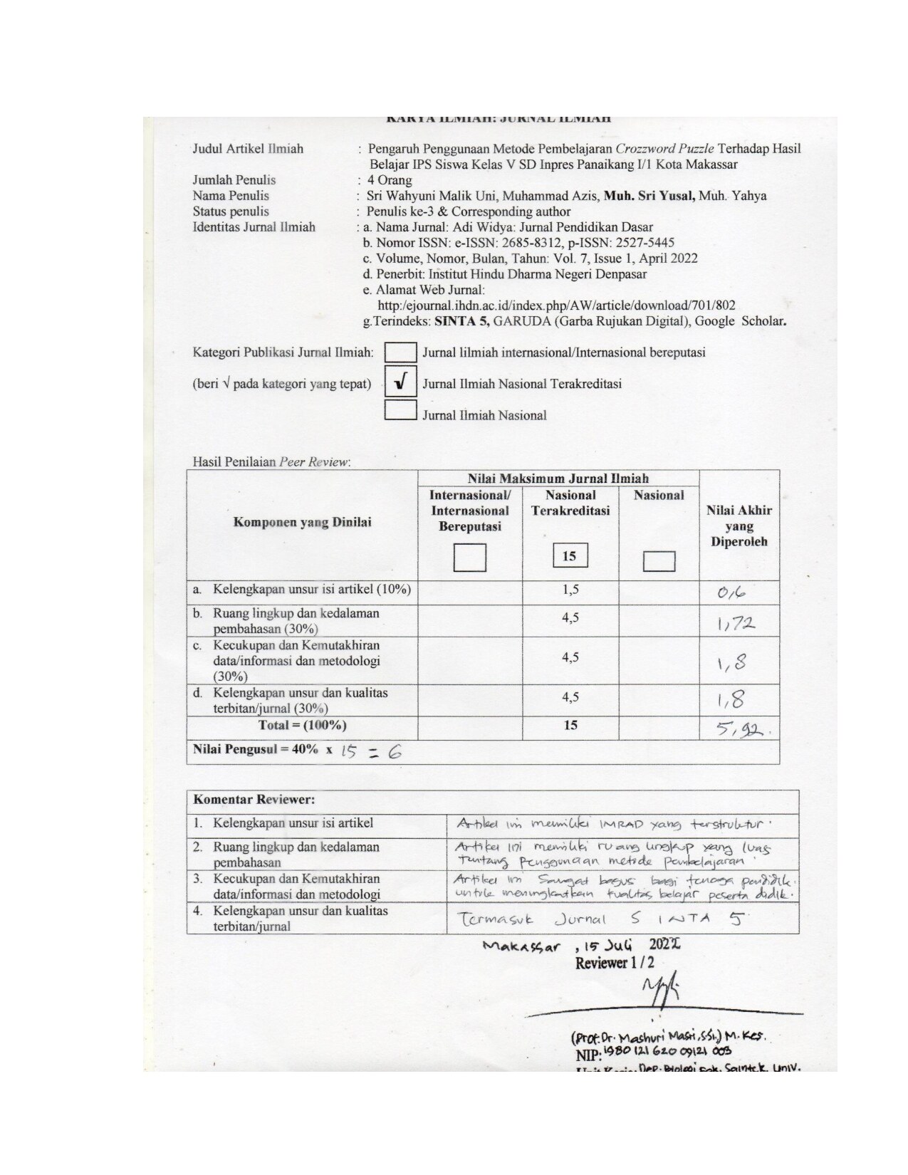 JURNAL ADI WIDYA sinta 5