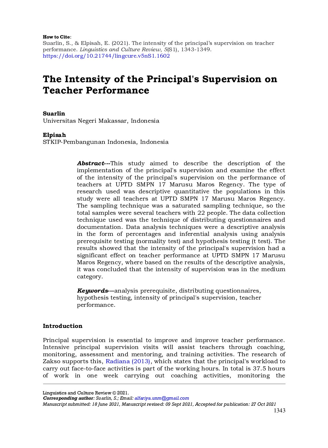 The Intensity of the Principal's Supervision on Teacher Performance