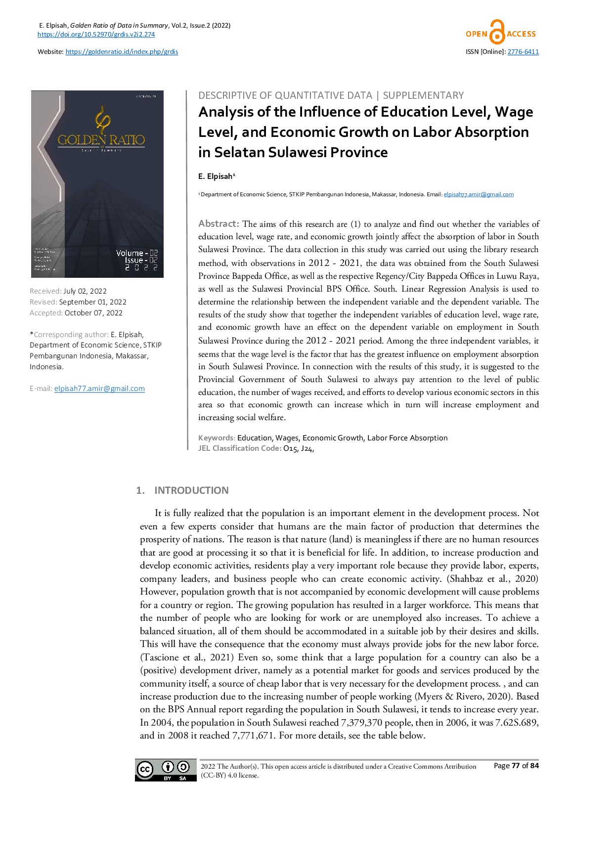 Analysis of the Influence of Education Level, Wage Level, and Economic Growth on Labor Absorption in Selatan Sulawesi Province