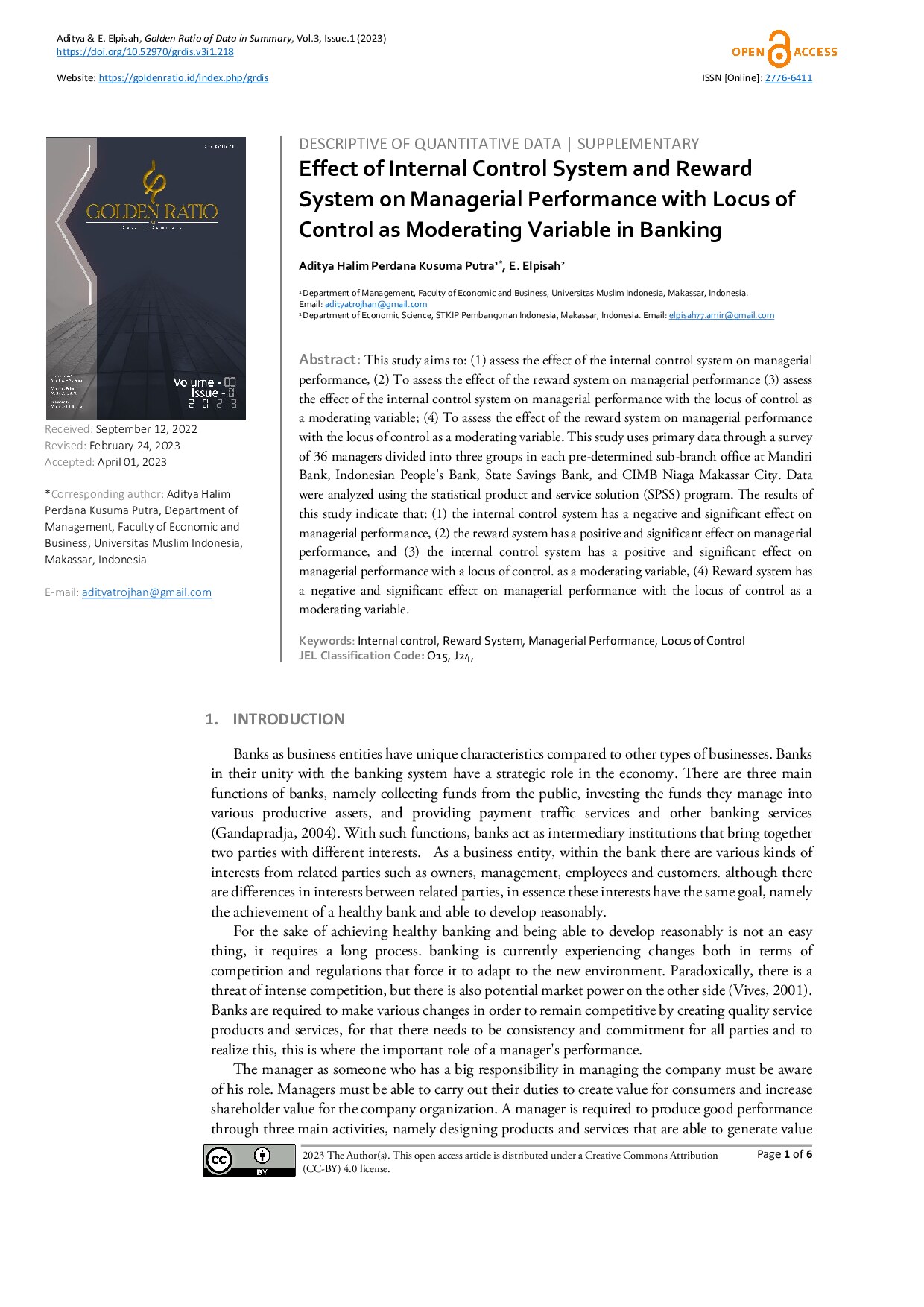 Effect of Internal Control System on Managerial Performance with Locus of Control as Moderating Variabel in Baking