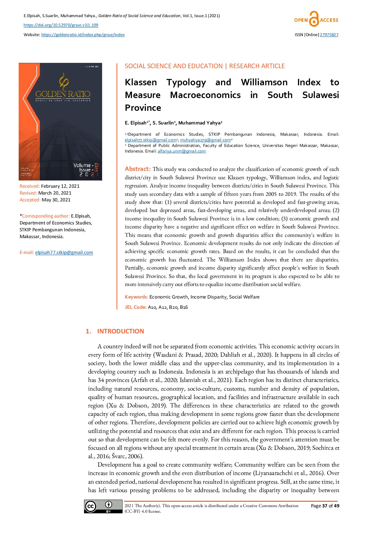 Klassen Typology and Williamson Index to Measure Macroeconomics in South Sulawesi Province