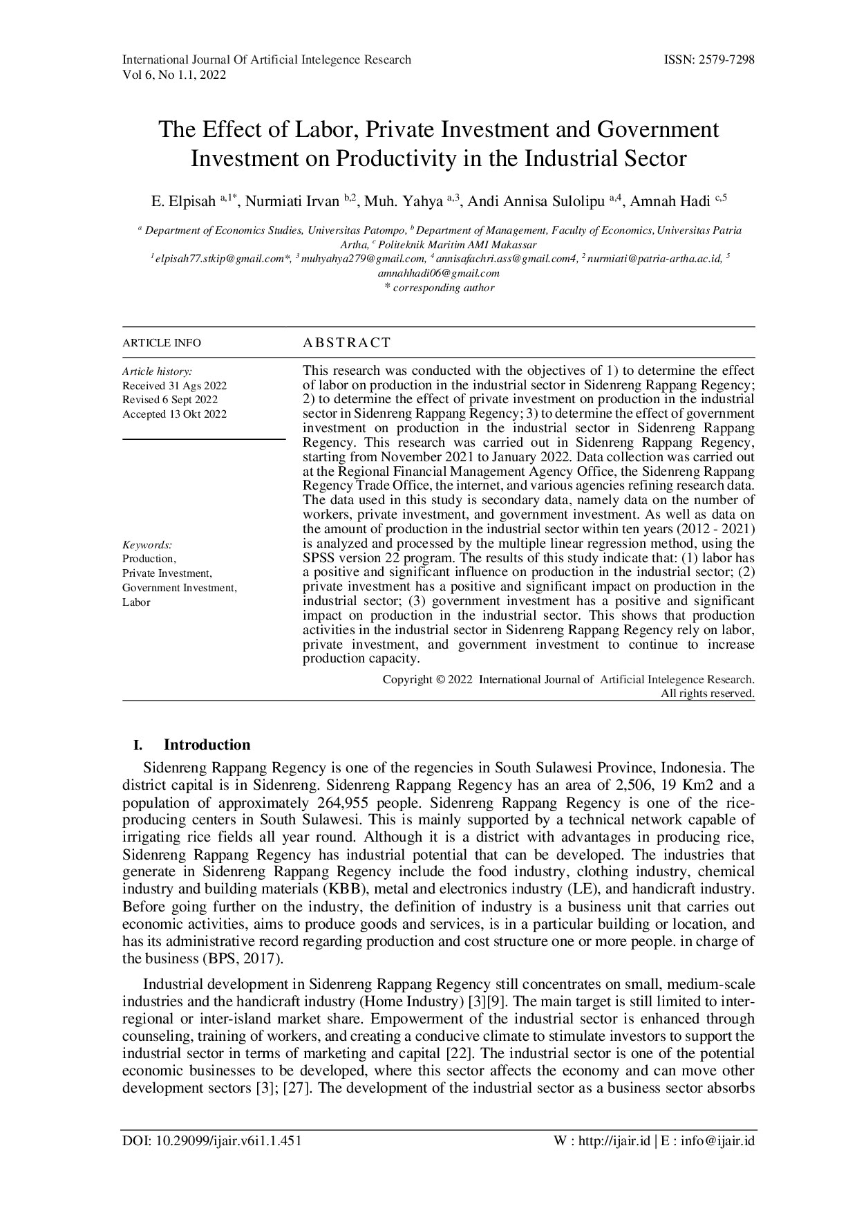 The Effect of Labor, Private Investment and Goverment Investment on Productivity in the Industrial Sector