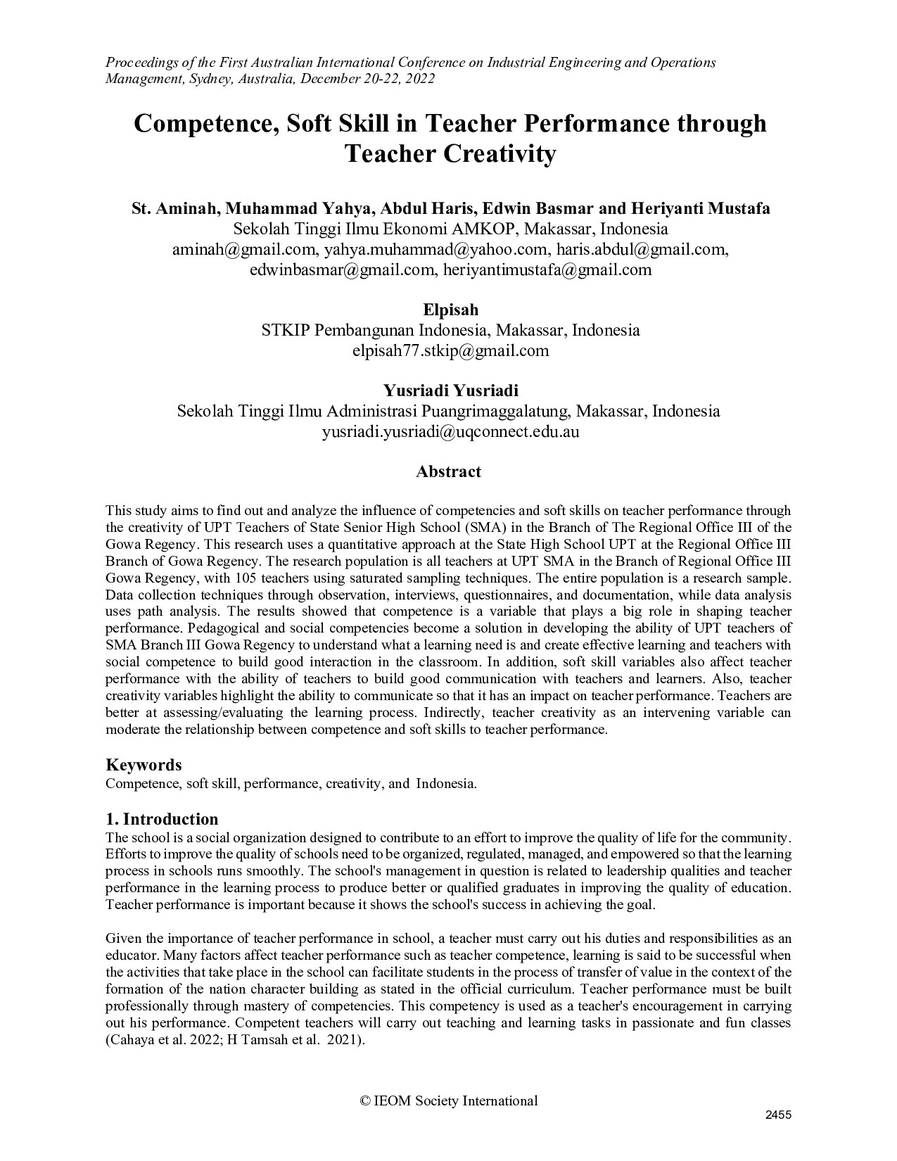 Competence, Soft Skill in Teacher Performance through Teacher Creativity