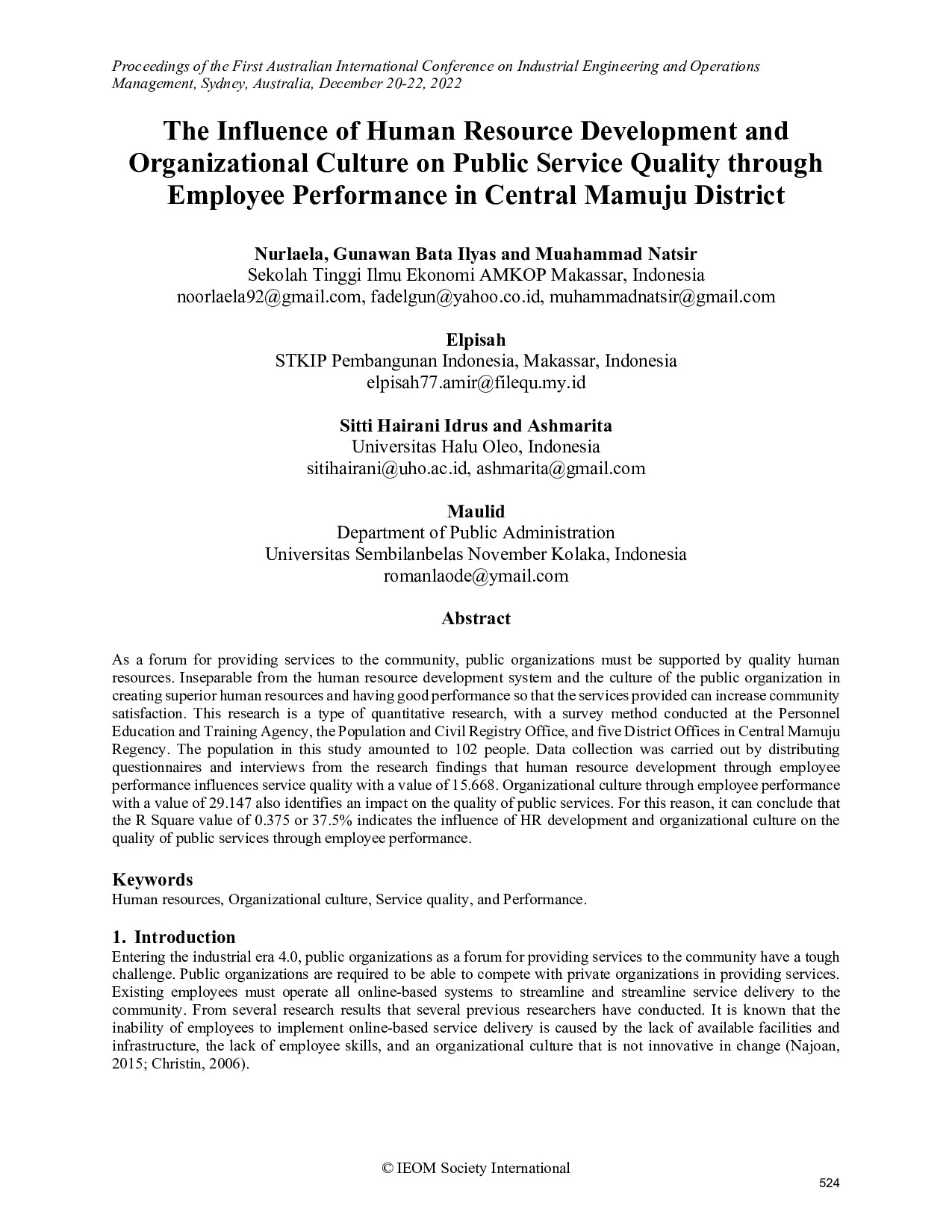 Proceeding: The Influence of Human Resource Development and Organizational Culture on Public Service Quality through Employee Performance in Central Mamuju District