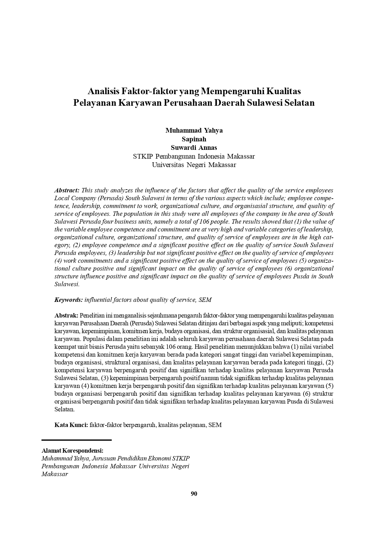 Analisis Faktor-faktor yang mempengaruhi Kualitas Pelayanan Karyawan Perusahaan Daerah Sulawesi Selatan