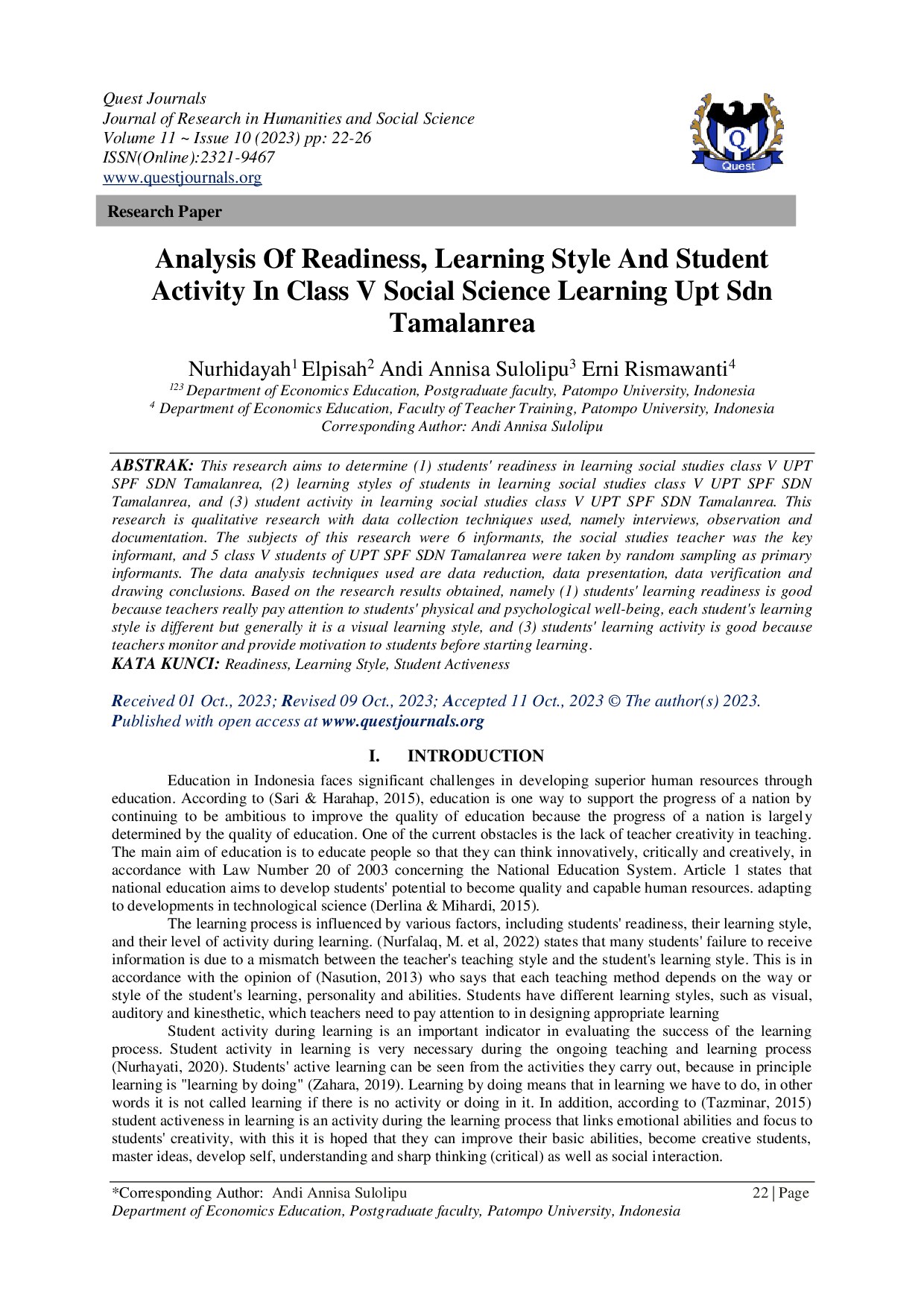 Analysis Of Readiness, Learning Style And Student Activity In Class V Social Science Learning UPT SDN Tamalanrea