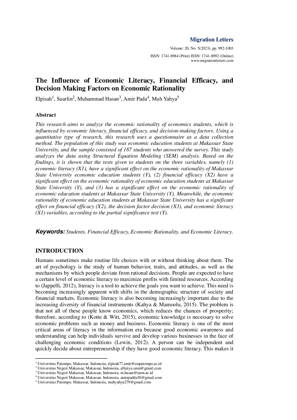 The Influence of Economic Literacy, Financial Efficacy, and Decision Making Factors on Economic Rationality