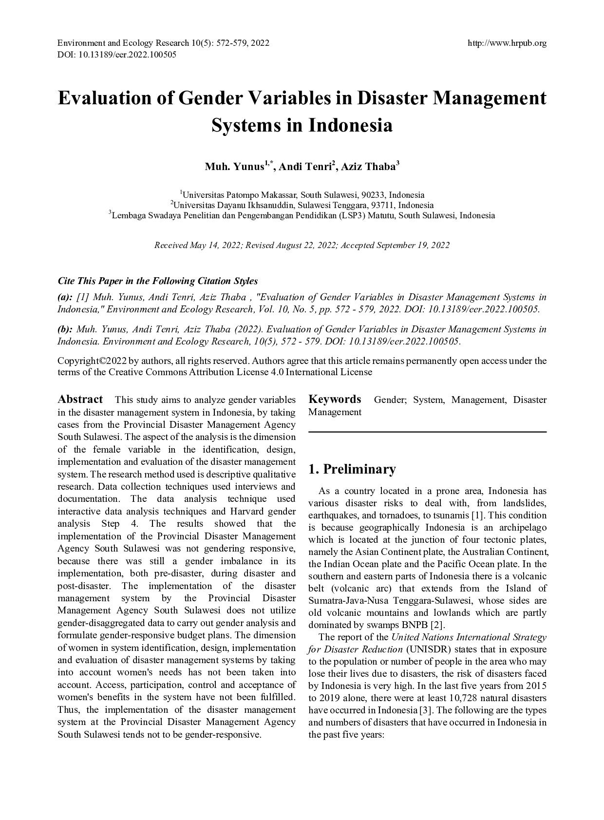 Evaluation of Gender Variables in Disaster Management Systems in Indonesia