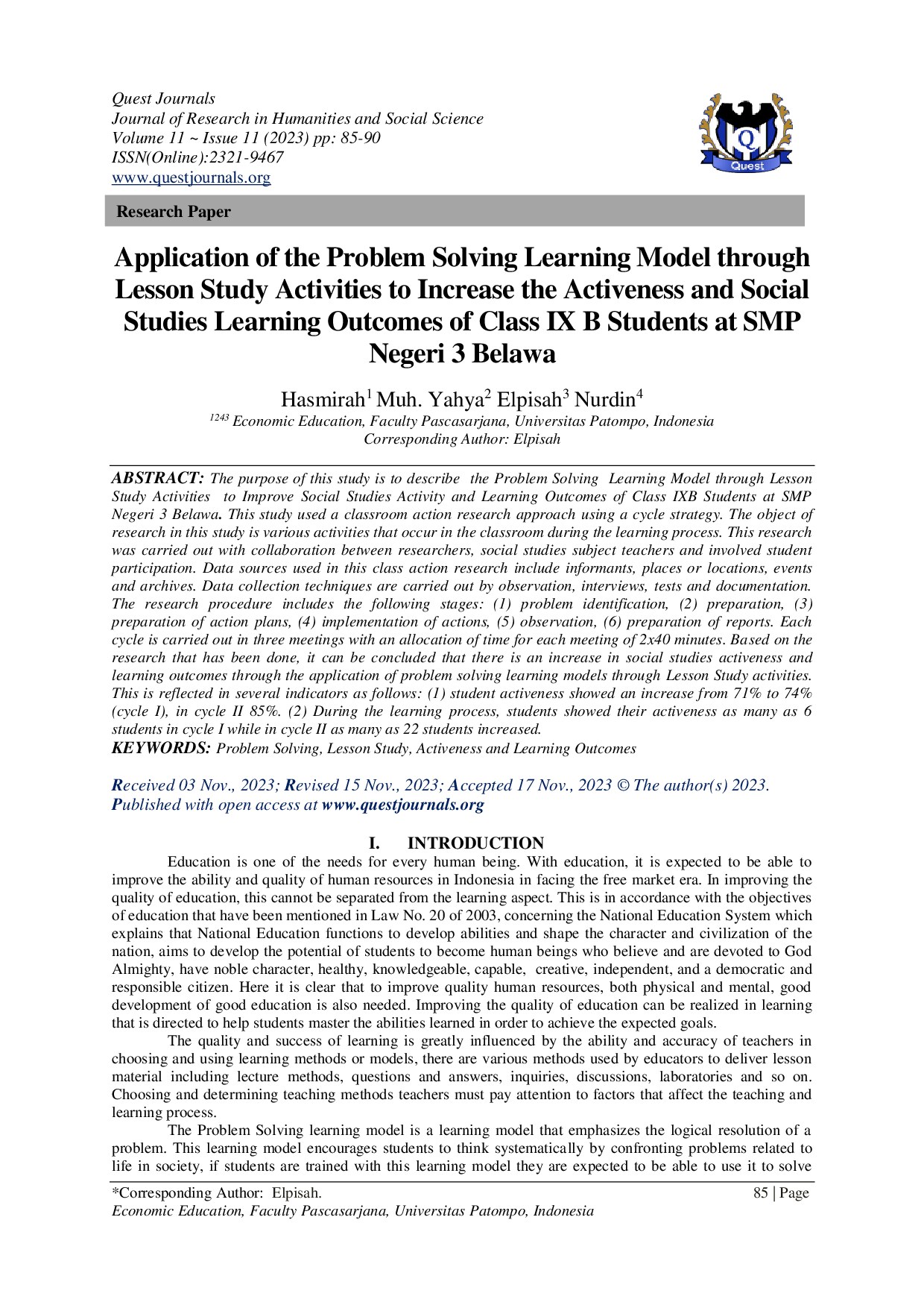 Application of the Problem Solving Learning Model through Lesson Study Activities to Increase the Activeness and Social Studies Learning Outcomes of Class IX B Students at SMP Negeri 3