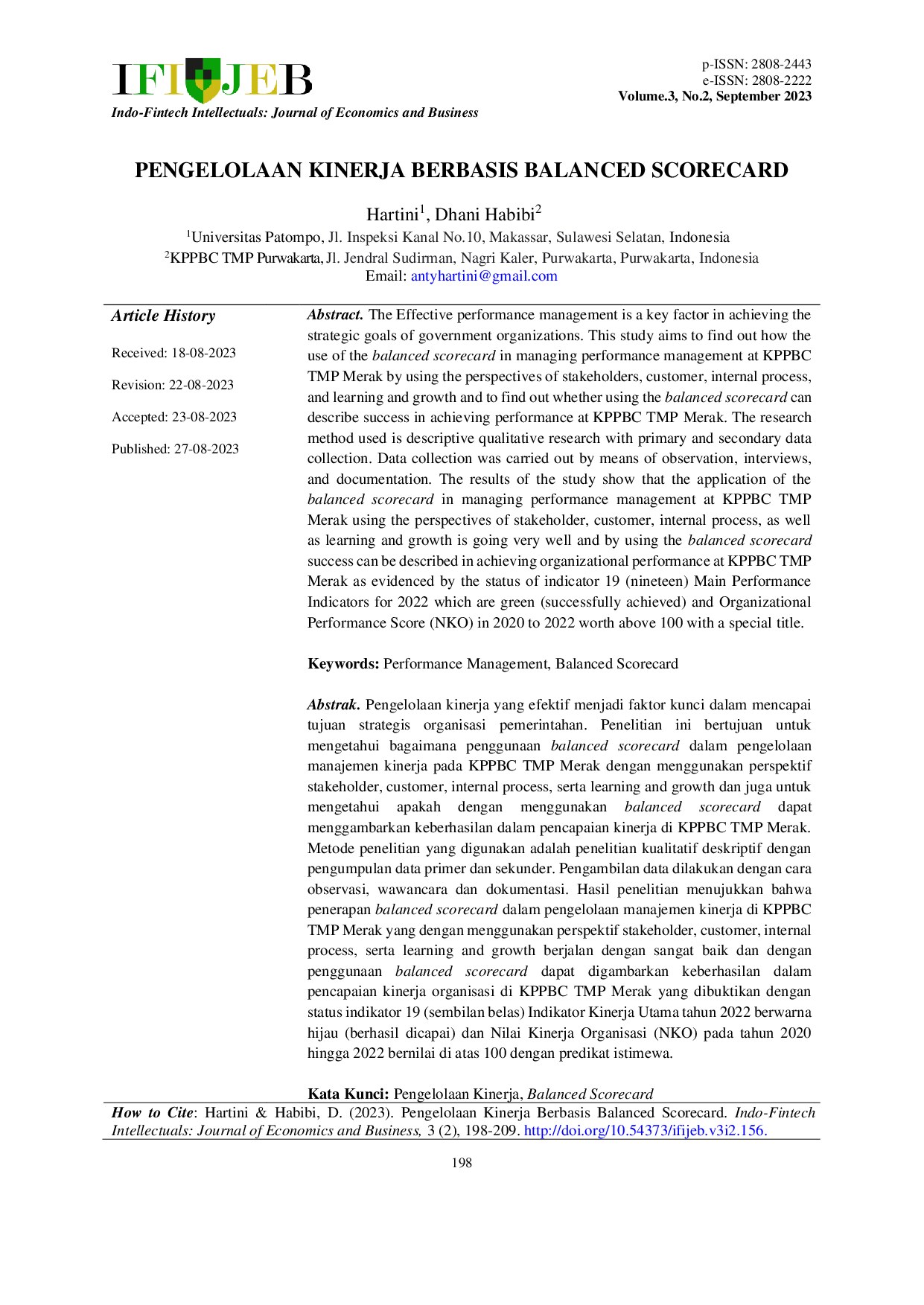 PENGELOLAAN KINERJA BERBASIS BALANCED SCORECARD