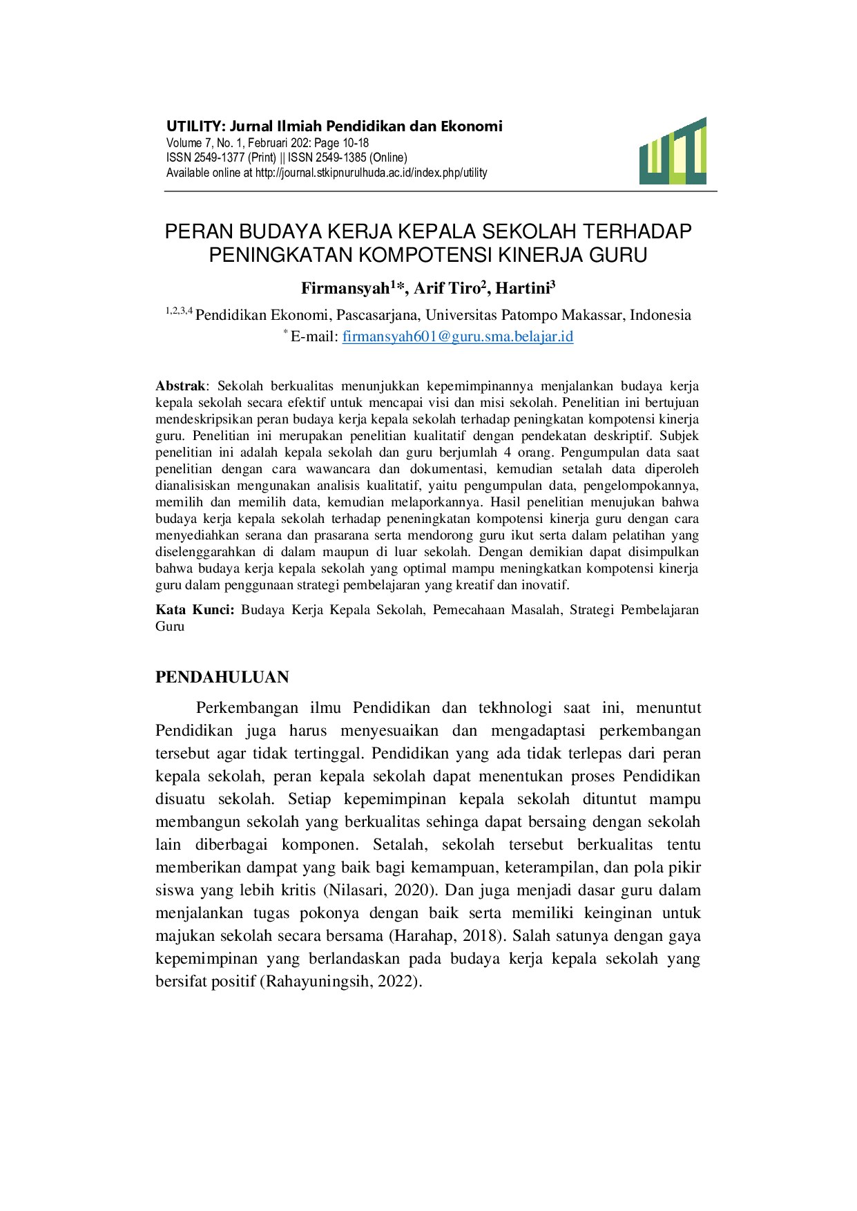 PERAN BUDAYA KERJA KEPALA SEKOLAH TERHADAP PENINGKATAN KOMPOTENSI KINERJA GURU