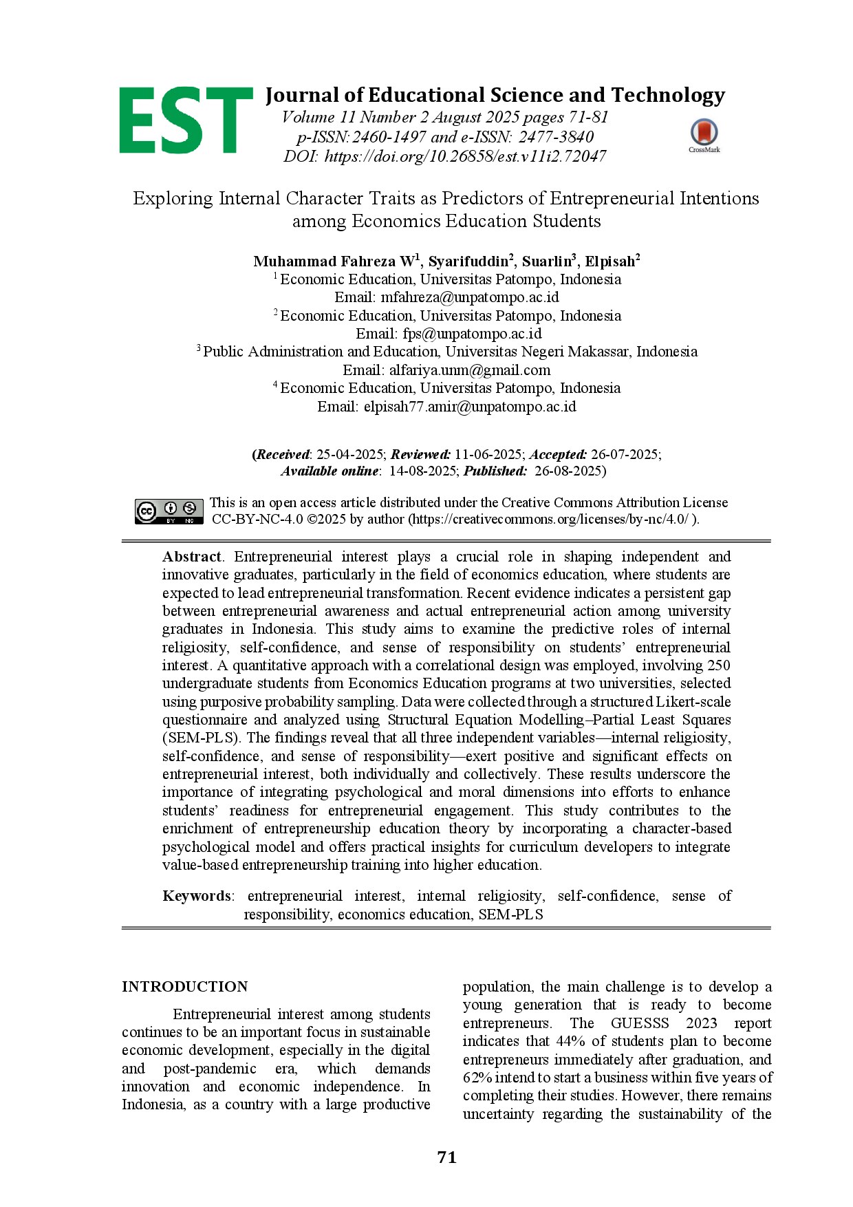 Exploring Internal Character Traits as Predictors of Entrepreneurial Intentions among Economics Education Students