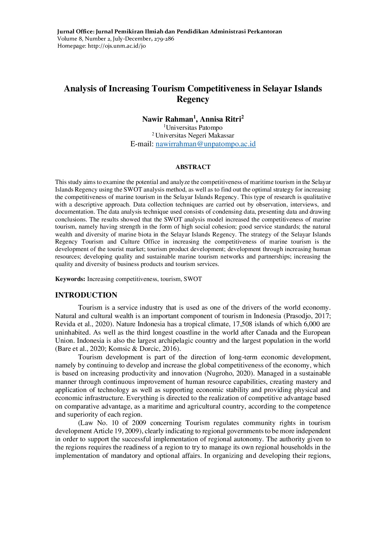 Analysis of Increasing Tourism Competitiveness in Selayar Islands Regency