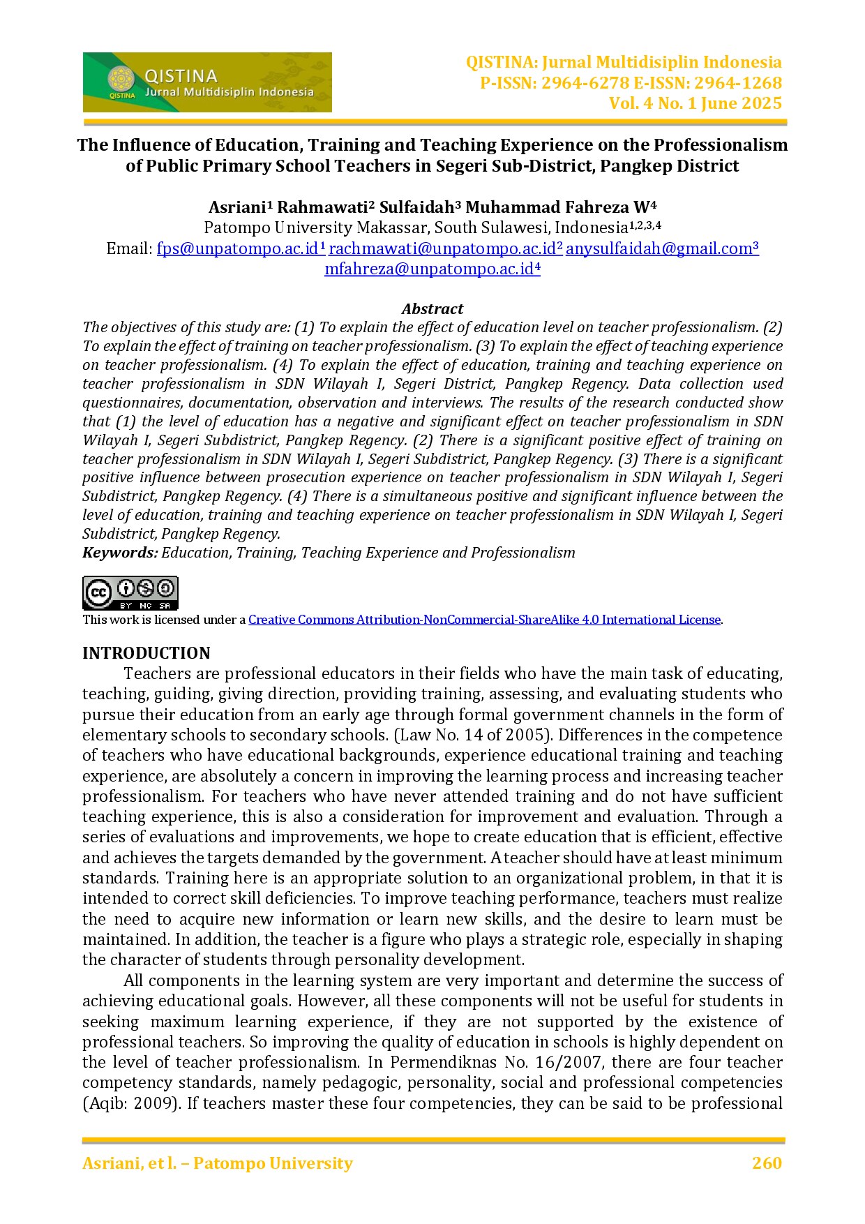 The Influence of Education, Training and Teaching Experience on the Professionalism of Public Primary School Teachers in Segeri Sub-District, Pangkep District