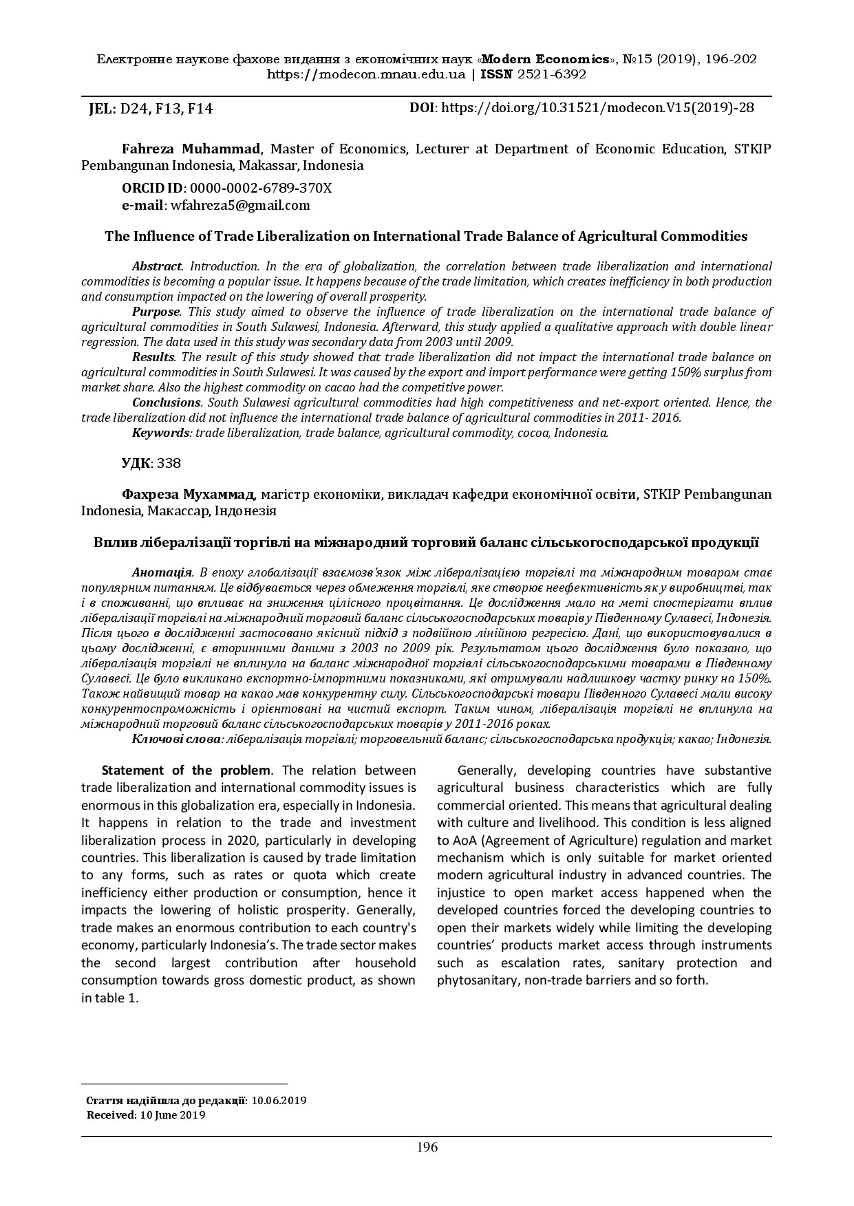 Fahreza M. The Influence of Trade Liberalization on International Trade Balance of Agricultural Commodities