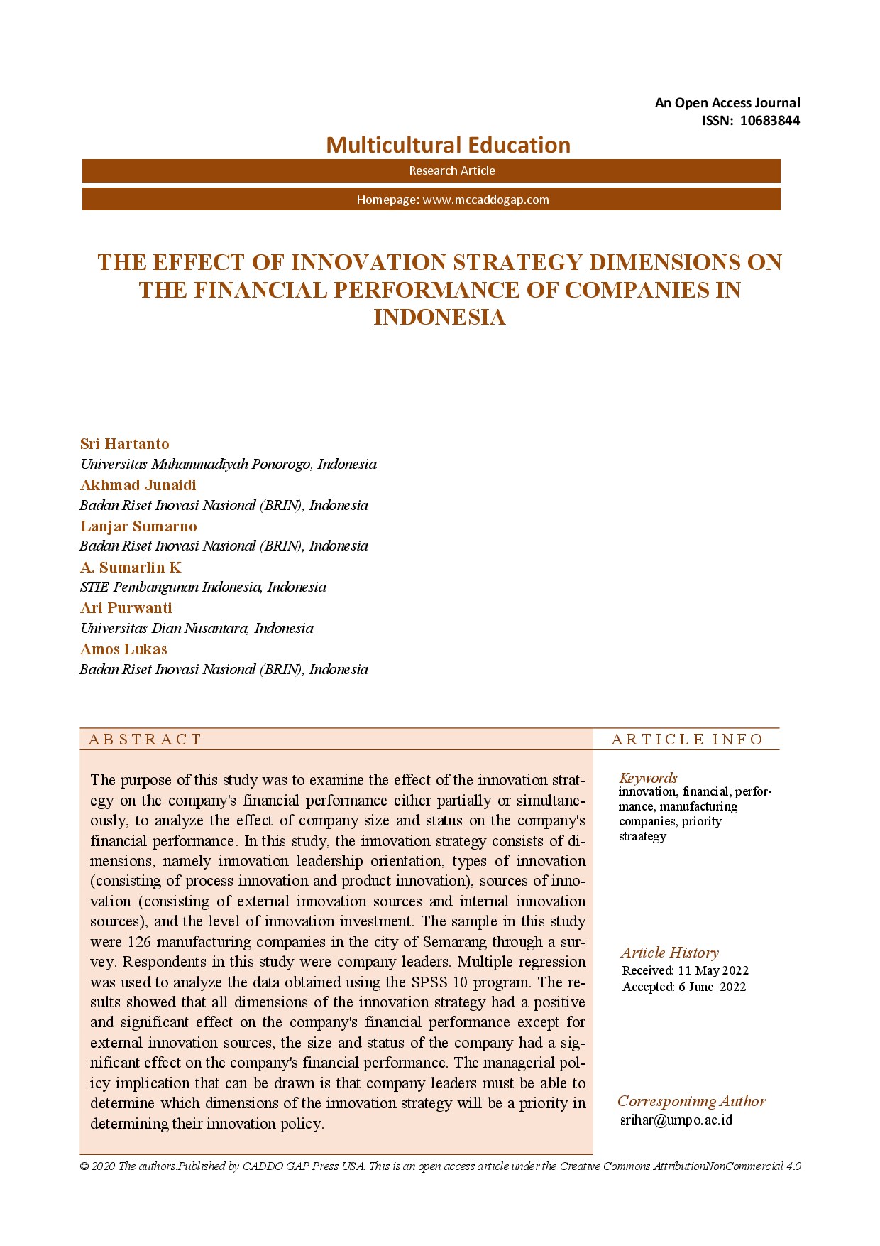 The effect of innovation strategy dimensions on the financial performance of companies in Indonesia