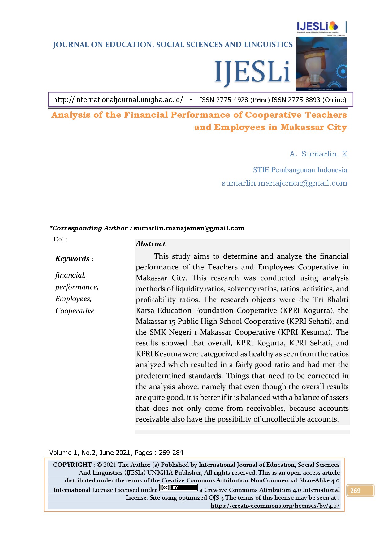 Analysis of the Financial Performance of Cooperative Teachers and Employees in Makassar City