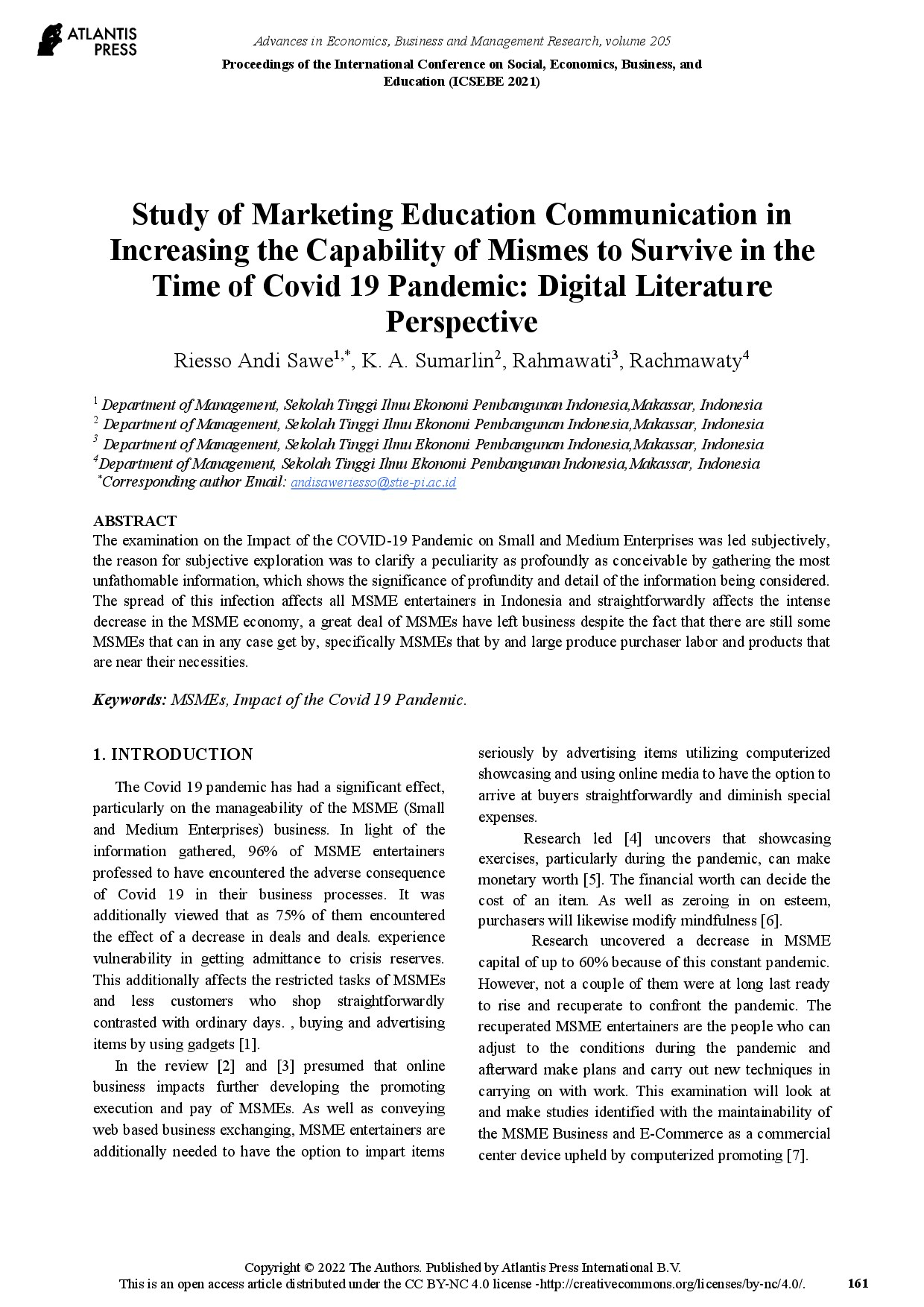 Study of Marketing Education Communication in Increasing the Capability of Mismes to Survive in the Time of Covid 19 Pandemic Digital Literature Perspective