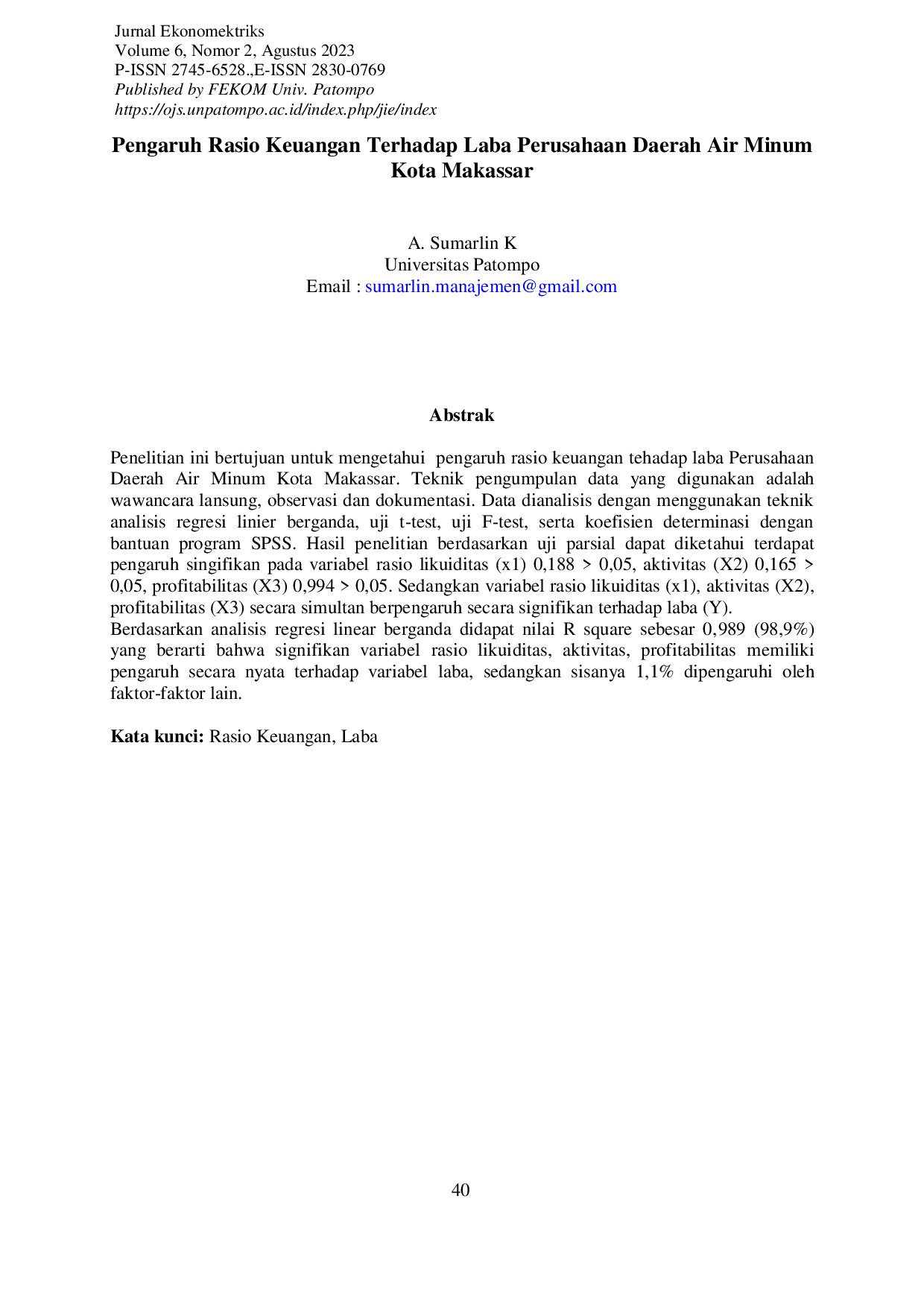 Pengaruh Rasio Keuangan Terhadap Laba Perusahaan Daerah Air Minum Kota Makassar
