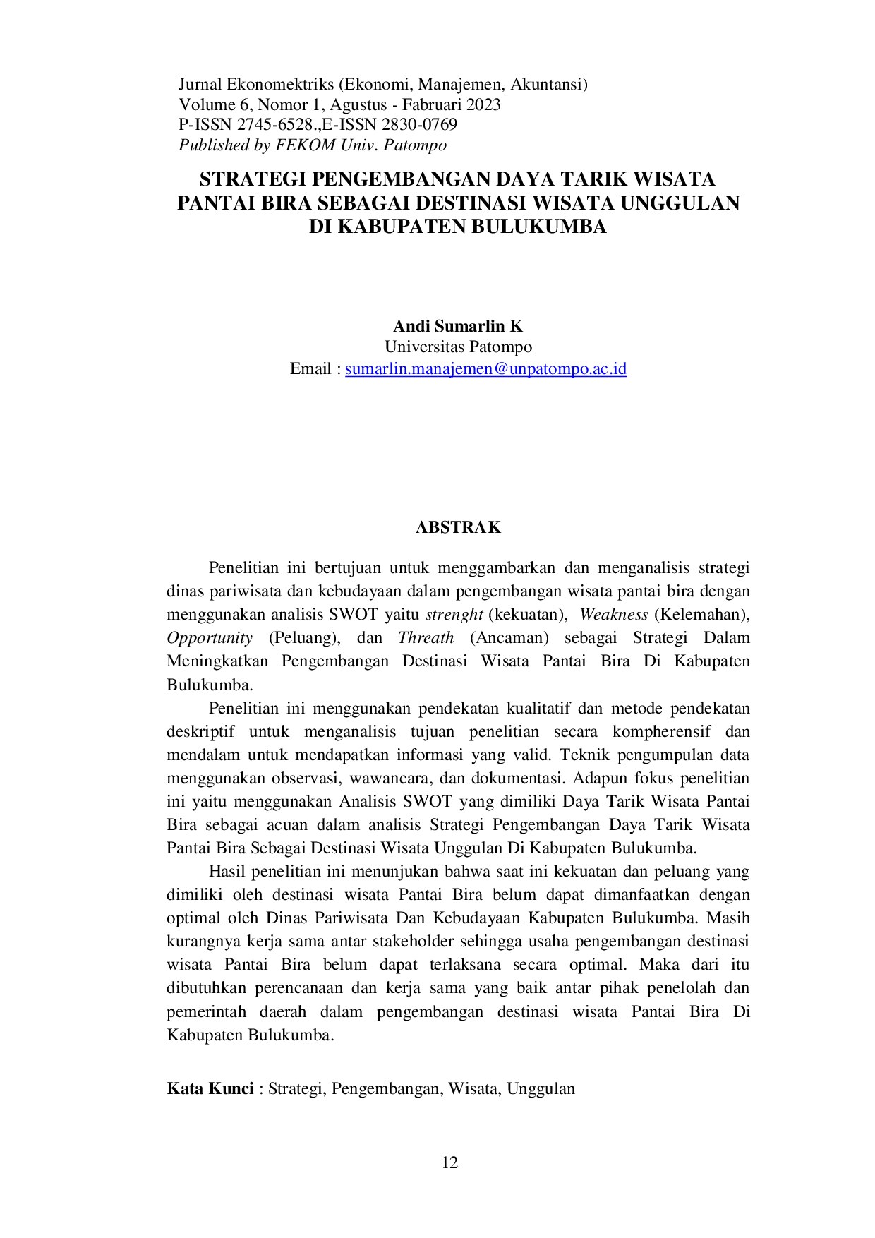 Strategi Pengembangan Daya Tarik Wisata Pantai Bira Sebagai Destinasi Wisata Unggulan Di Kabupaten Bulukumba