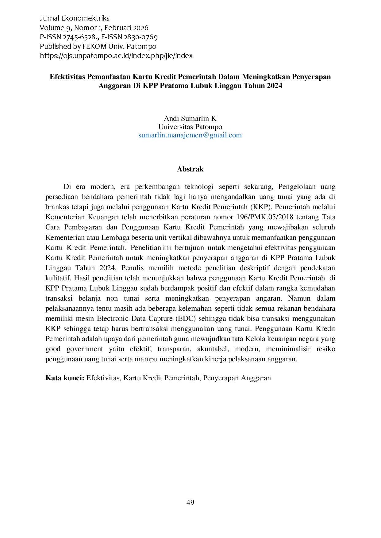 Efektivitas Pemanfaatan Kartu Kredit Pemerintah Dalam Meningkatkan Penyerapan Anggaran Di KPP Pratama Lubuk Linggau Tahun 2024