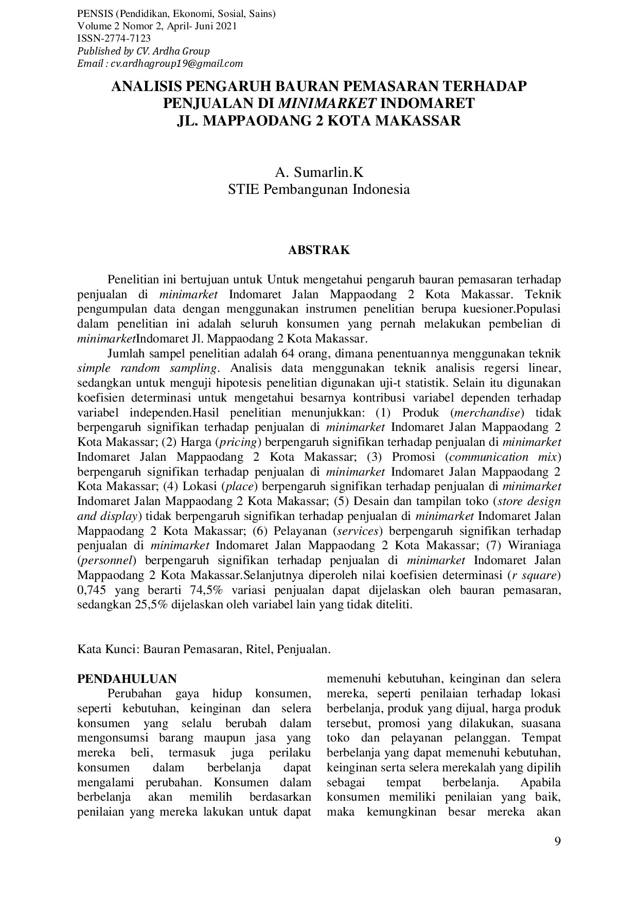 Analisis Pengaruh Bauran Pemasaran Terhadap Penjualan di Minimarket Indomaret Jl. Mappaodang 2 Kota Makassar