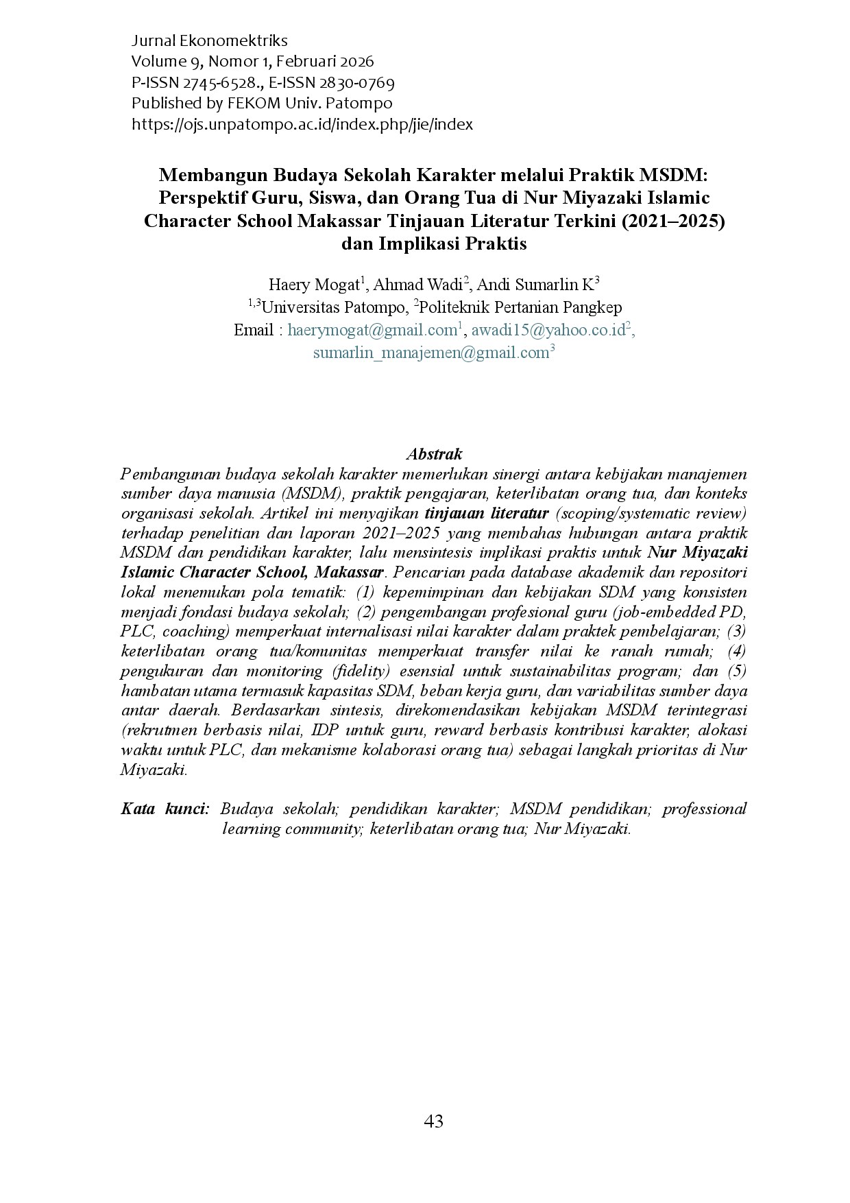 Membangun Budaya Sekolah Karakter melalui Praktik MSDM Perspektif Guru, Siswa, dan Orang Tua di Nur Miyazaki Islamic Character School Makassar Tinjauan Literatur Terkini