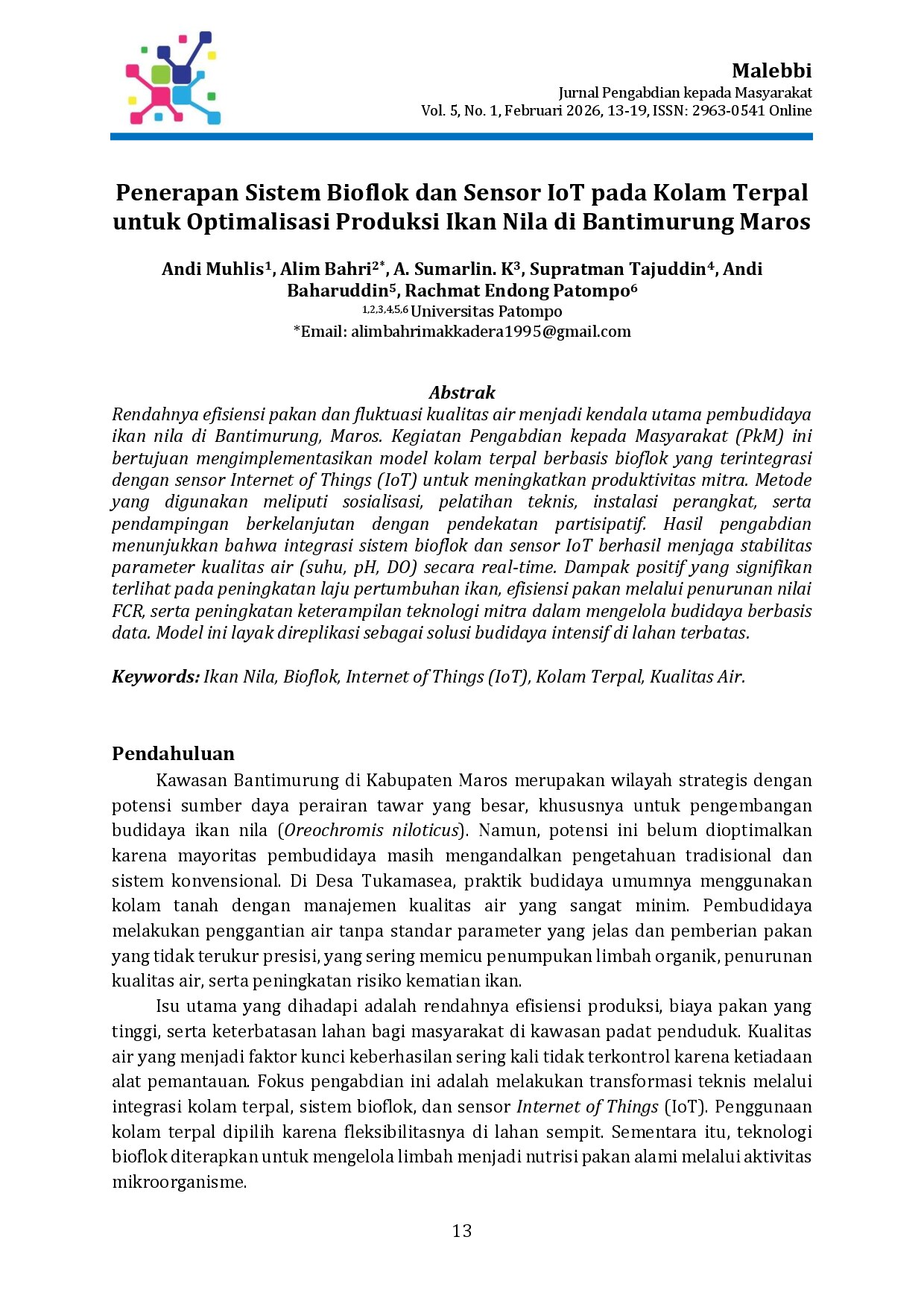 Penerapan Sistem Bioflok dan Sensor IoT pada Kolam Terpal untuk Optimalisasi Produksi Ikan Nila di Bantimurung Maros