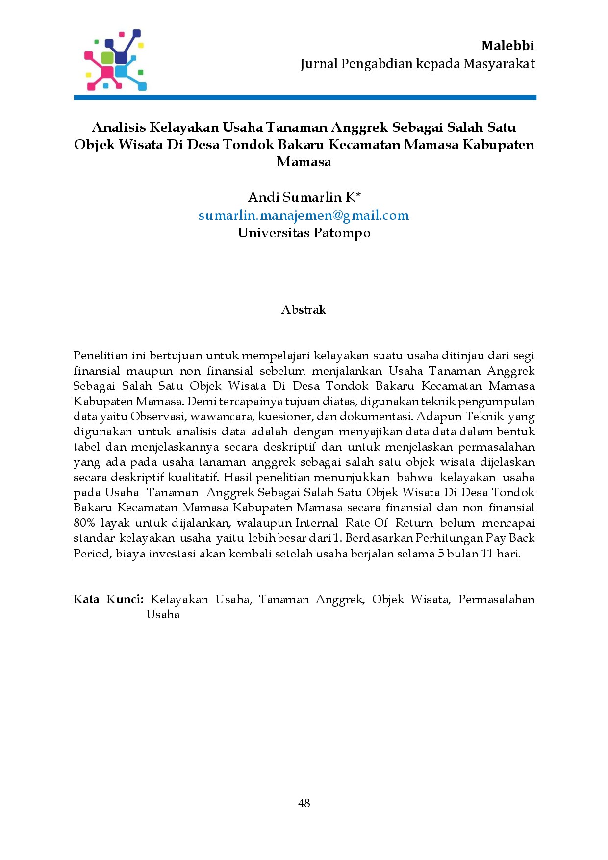 Analisis Kelayakan Usaha Tanaman Anggrek Sebagai Salah Satu Objek Wisata Di Desa Tondok Bakaru Kecamatan Mamasa Kabupaten Mamasa