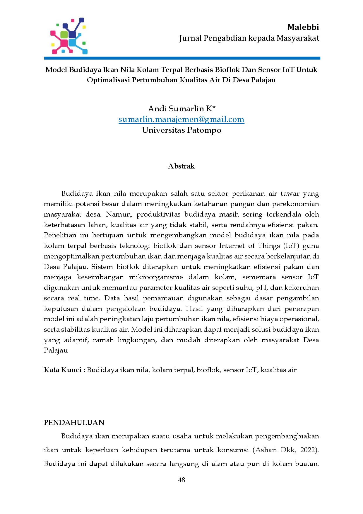 Model Budidaya Ikan Nila Kolam Terpal Berbasis Bioflok Dan Sensor IoT Untuk Optimalisasi Pertumbuhan Kualitas Air Di Desa Palajau