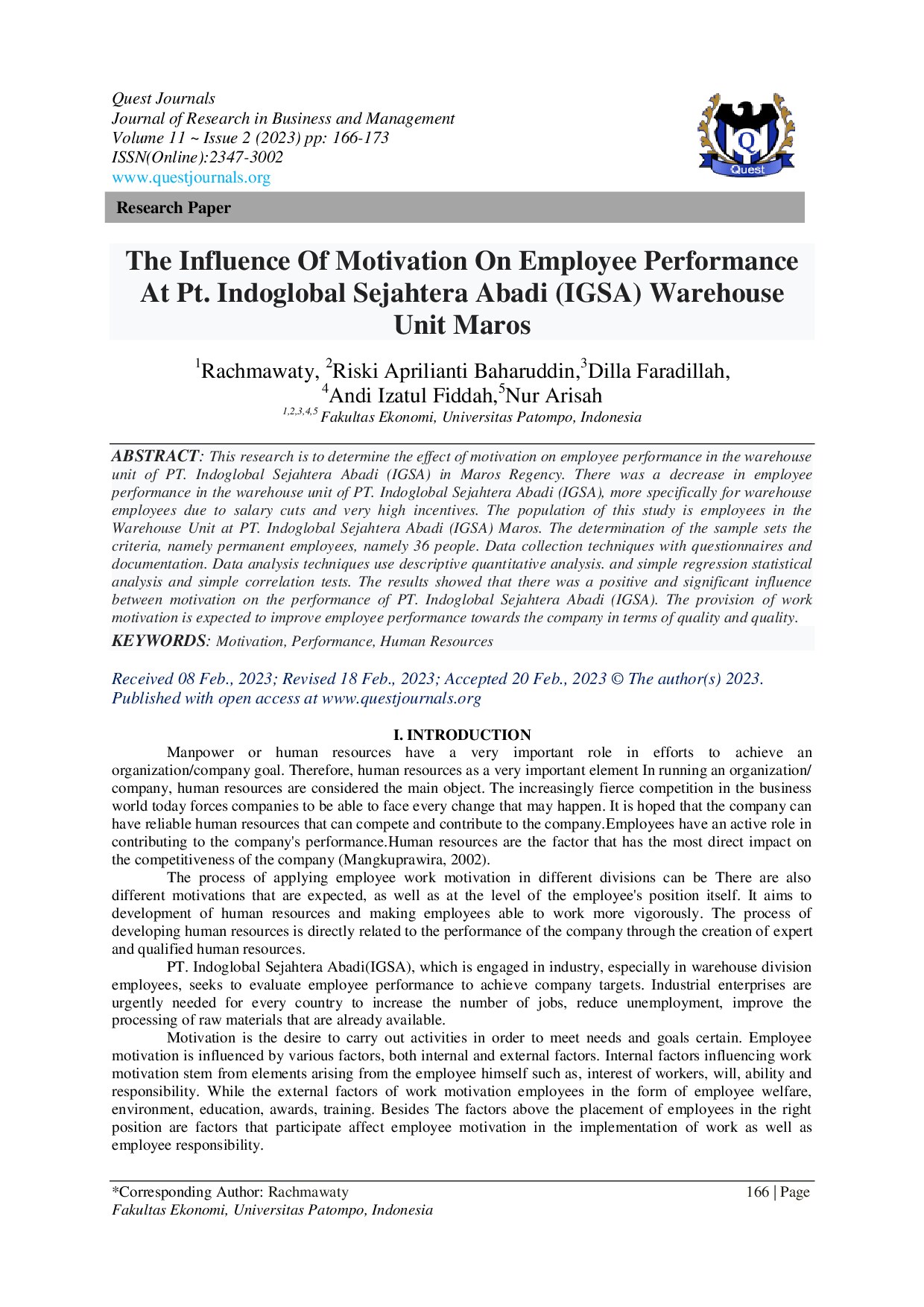 The Influence of Motivation on Employee Performance at PT. Indoglobal Sejahtera Abadi (IGSA) Warehouse Unit Maros