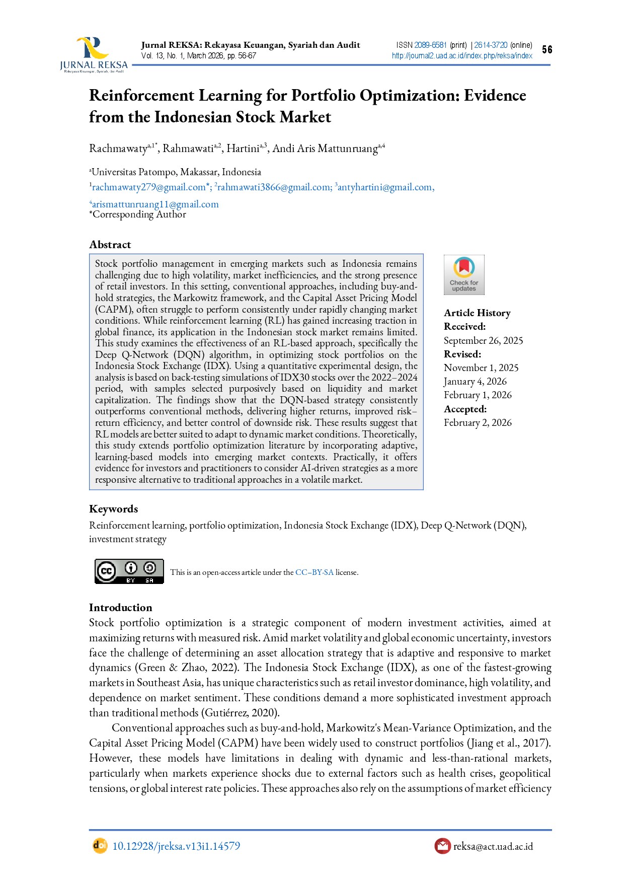 Reinforcement Learning for Portfolio Optimization: Evidence from the Indonesian Stock Market