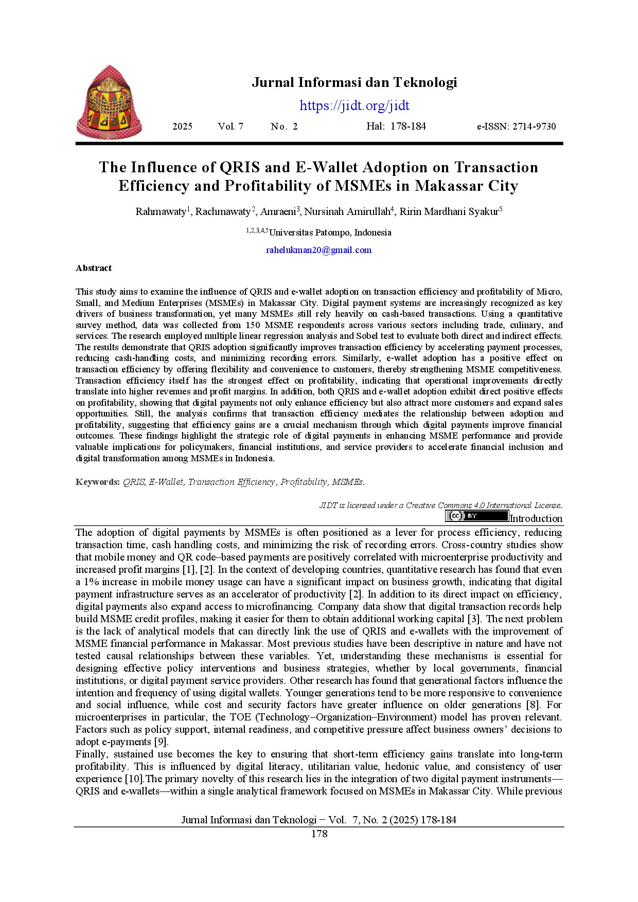 The Influence of QRIS and E-Wallet Adoption on Transaction Efficiency and Profitability of MSMEs in Makassar City