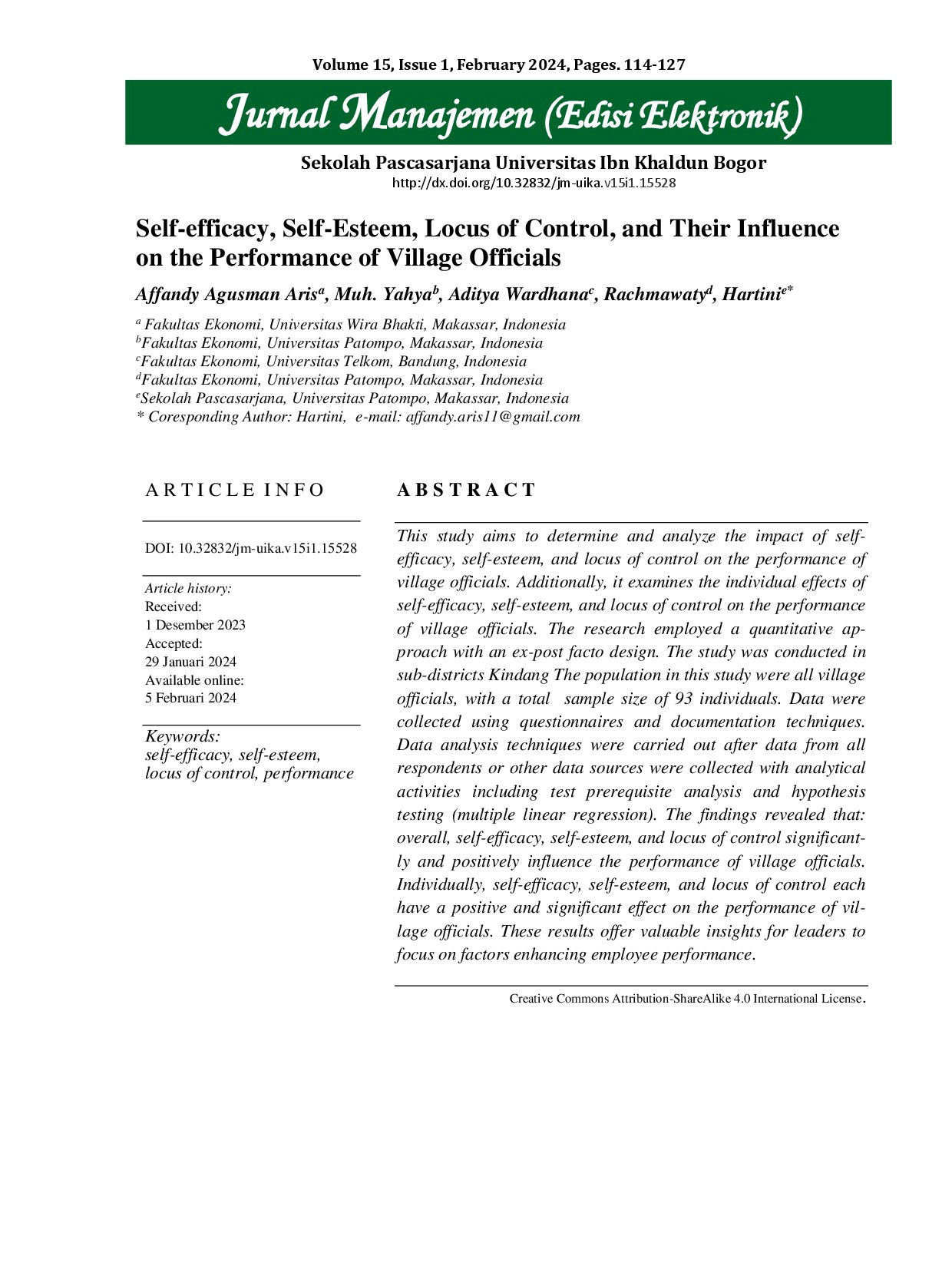Self-efficacy, Self-Esteem, Locus of Control, and Their Influence on the Performance of Village Officials