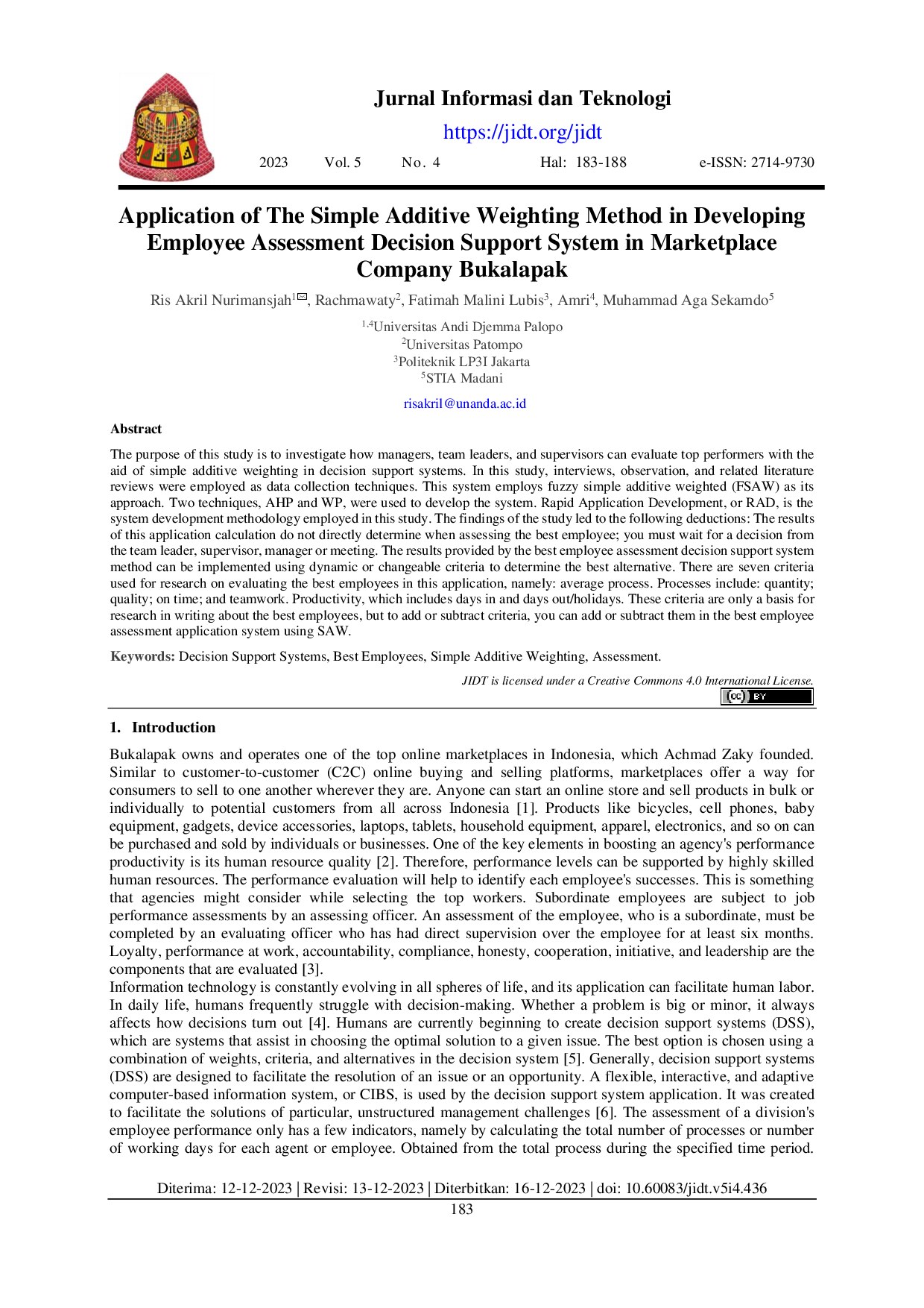 Application of The Simple Additive Weighting Method in Developing Employee Assessment Decision Support System in Marketplace Company Bukalapak