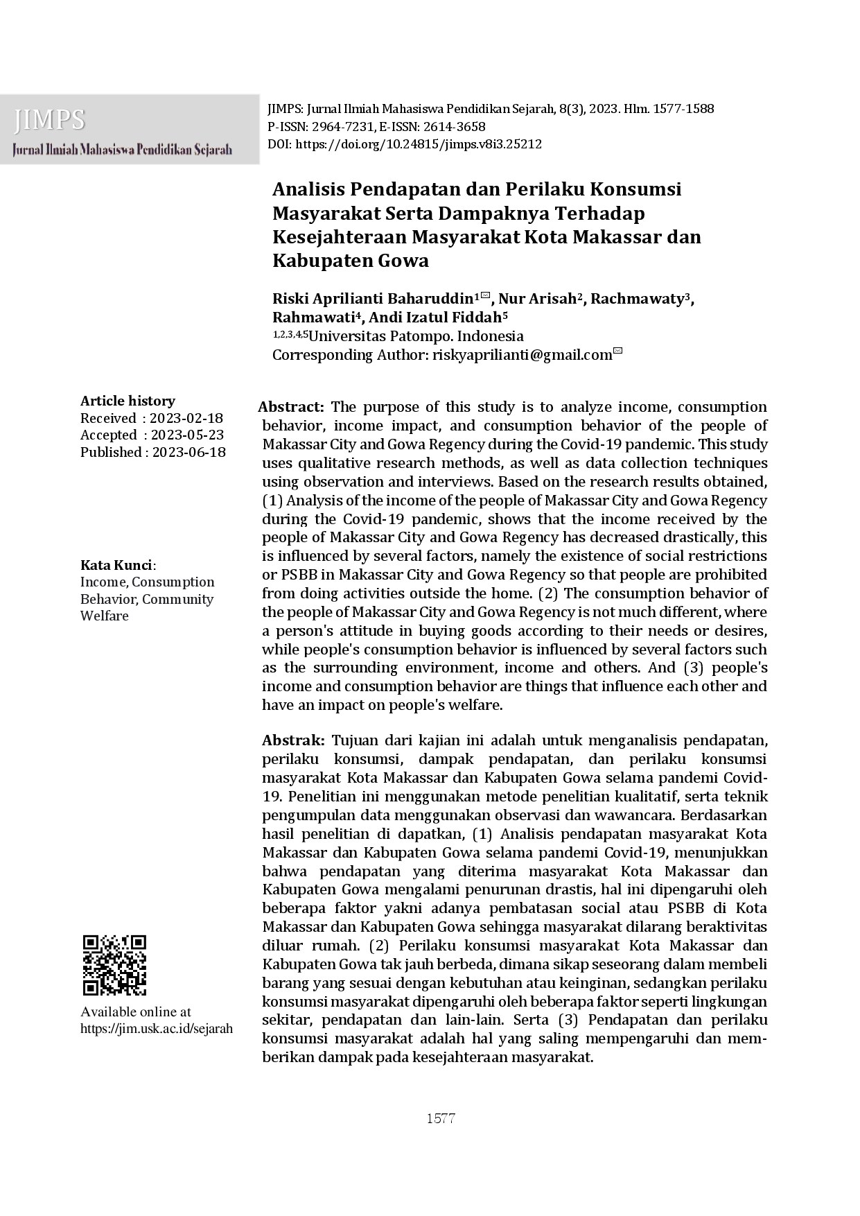 Analisis Pendapatan dan Perilaku Konsumsi Masyarakat Serta Dampaknya Terhadap Kesejahteraan Masyarakat Kota Makassar dan Kabupaten Gowa