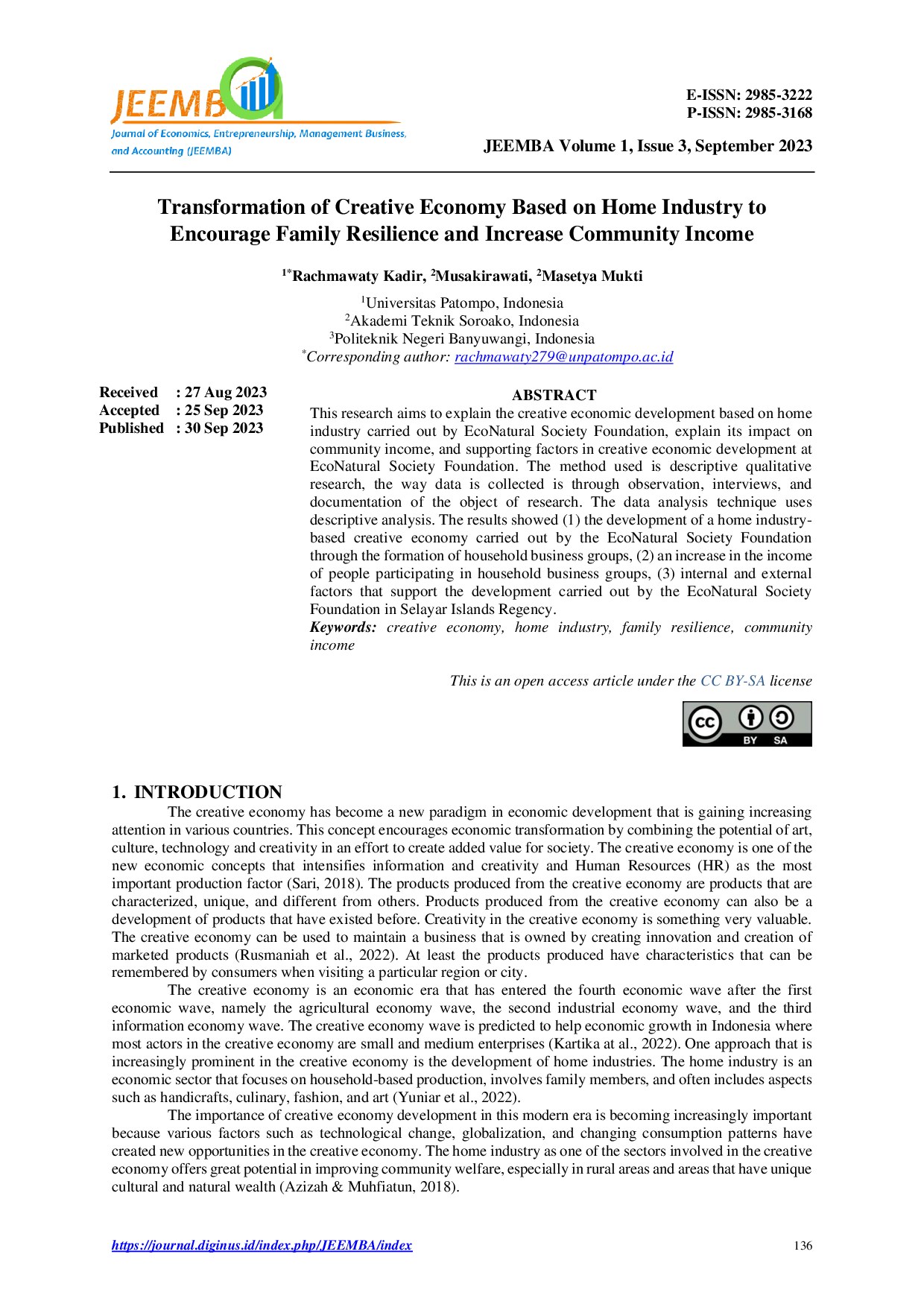 Transformation of Creative Economy Based on Home Industry to Encourage Family Resilience and Increase Community Income
