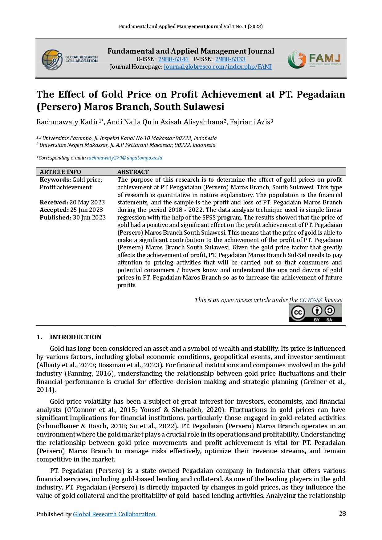 The Effect of Gold Price on Profit Achievement at PT. Pegadaian (Persero) Maros Branch, South Sulawesi