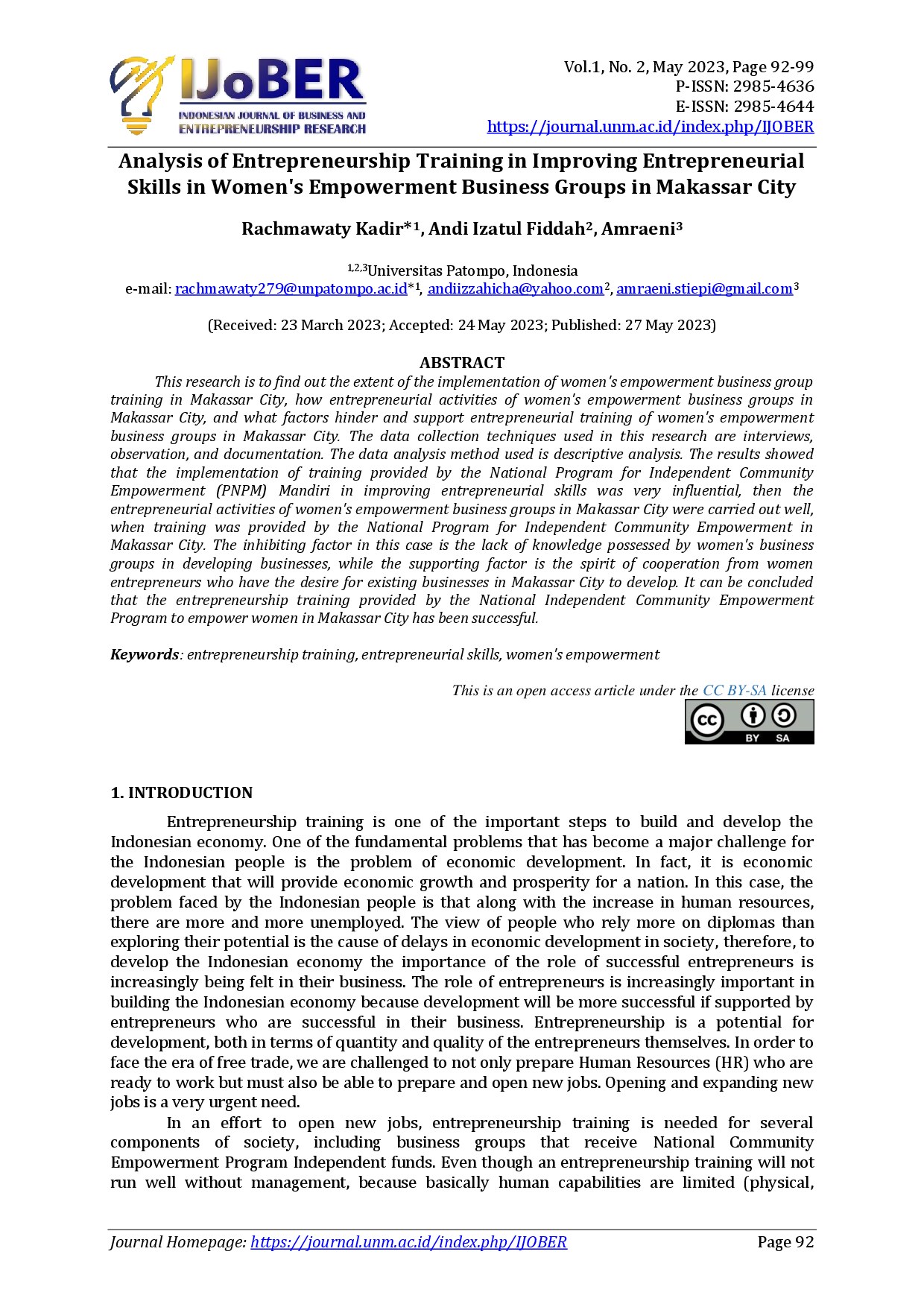 Analysis of Entrepreneurship Training in Improving Entrepreneurial Skills in Women's Empowerment Business Groups in Makassar City