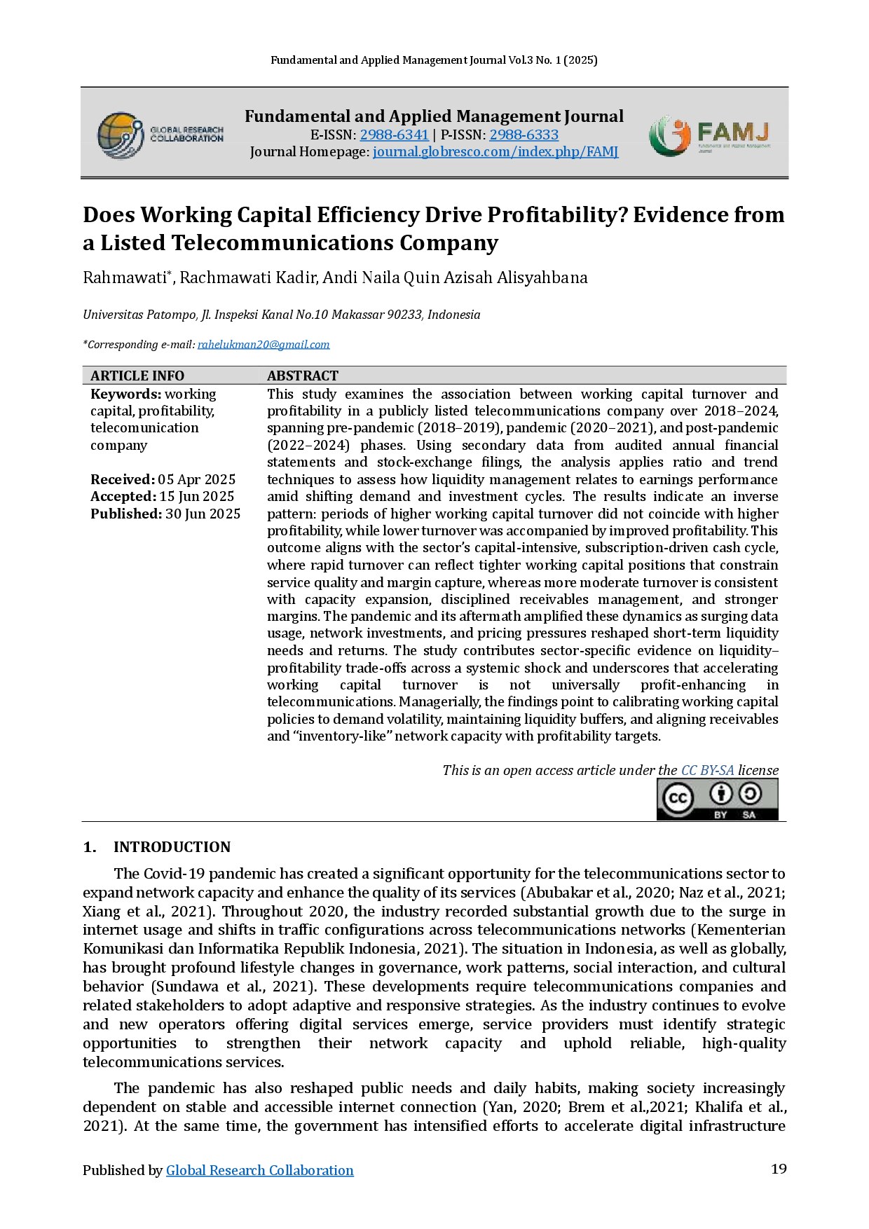 Does Working Capital Efficiency Drive Profitability? Evidence from a Listed Telecommunications Company