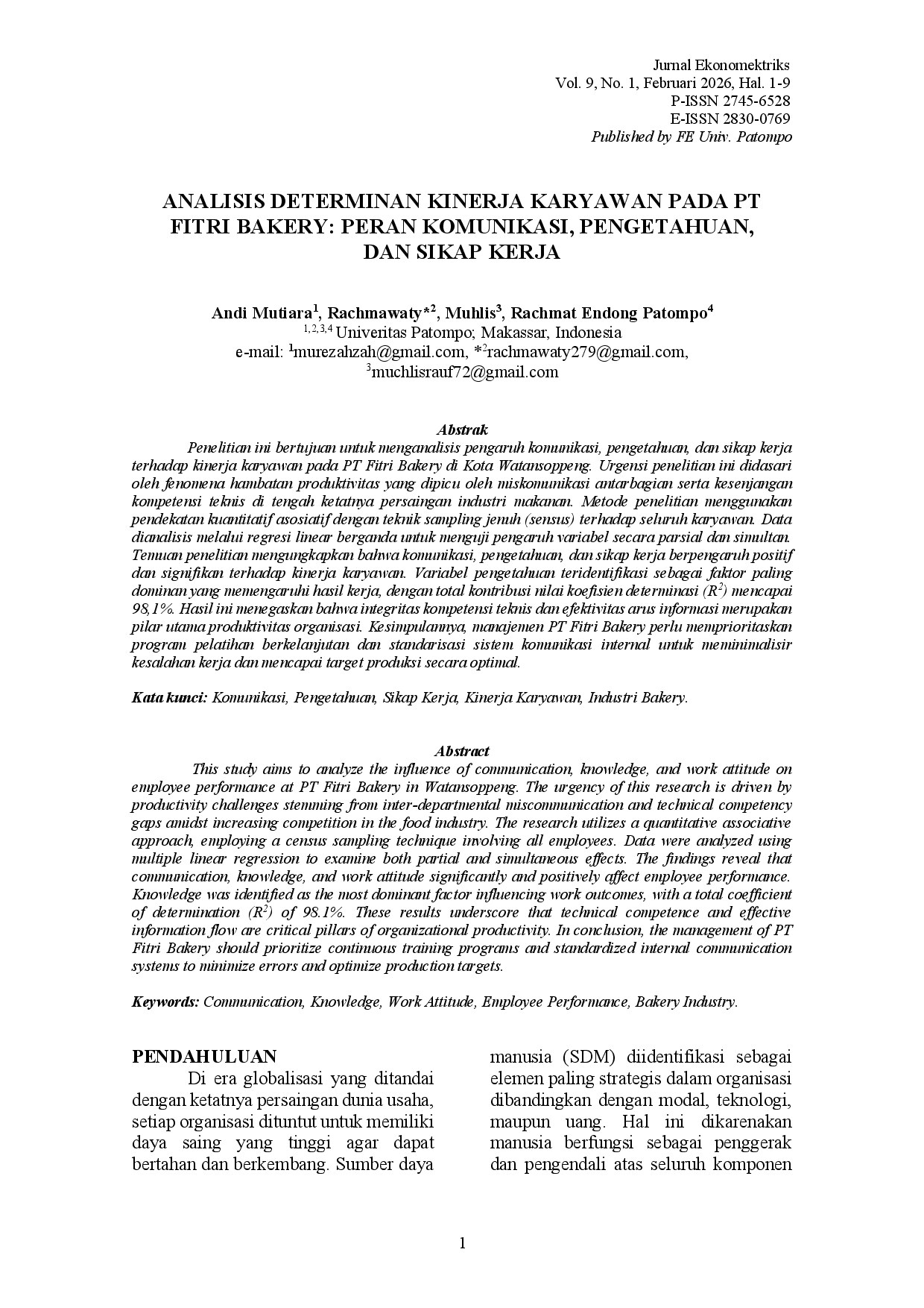 Analisis Determinan Kinerja Karyawan pada PT Fitri Bakery: Peran Komunikasi, Pengetahuan, dan Sikap Kerja